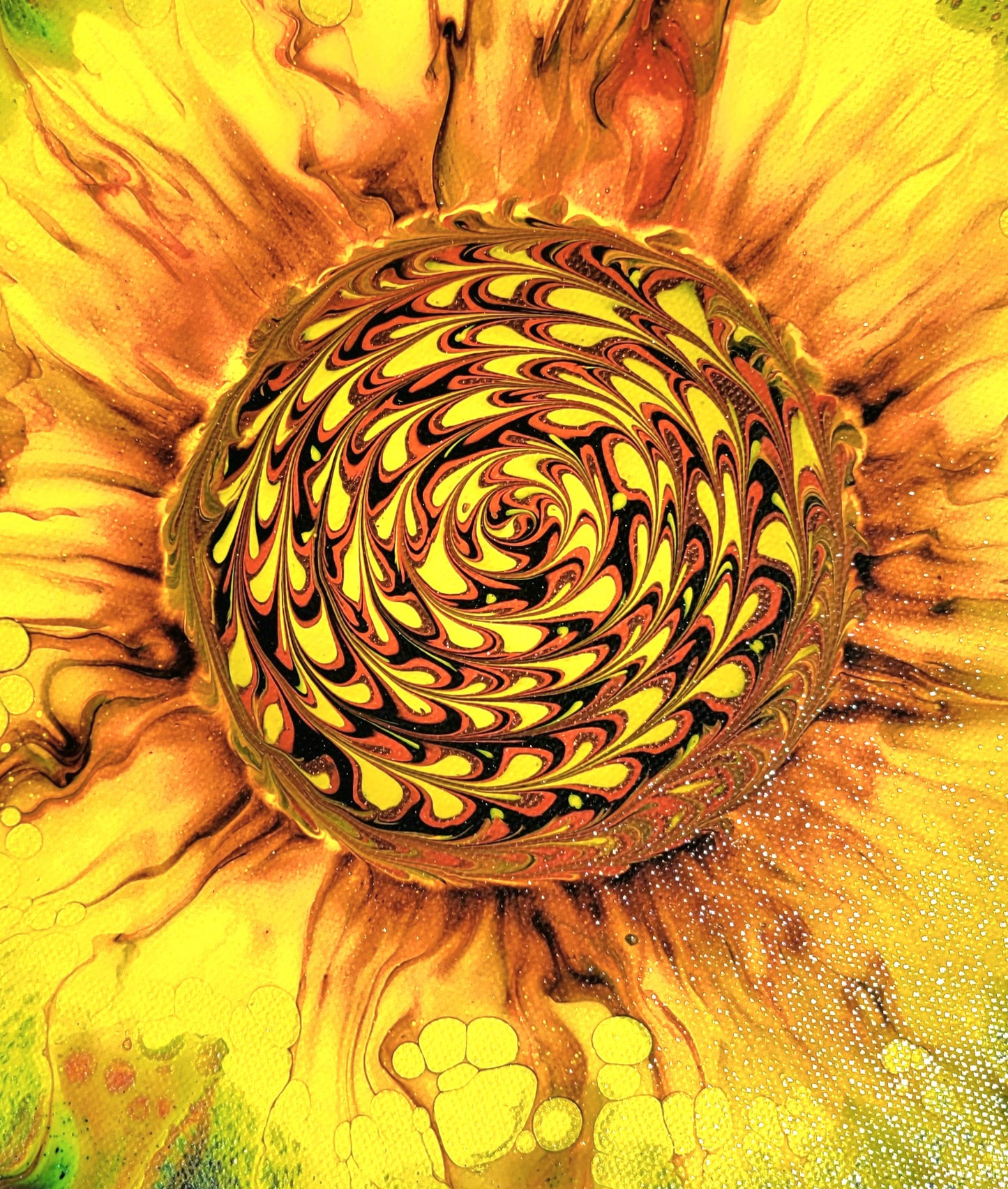 Original Fluid Art Sunflower on a 16 inch Round Canvas