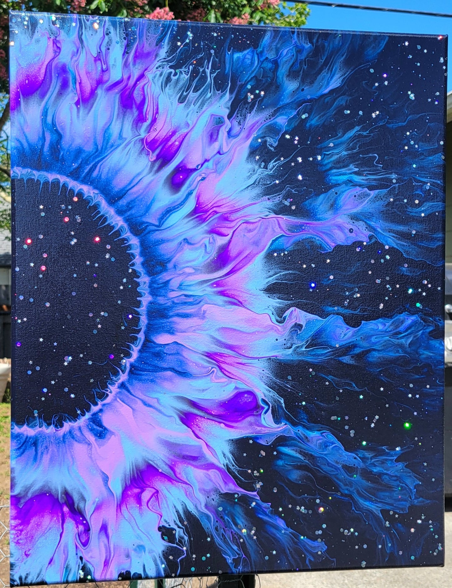 Original Fluid Art "Sweet Dreams" Abstract Galaxy Sunflower Painting
