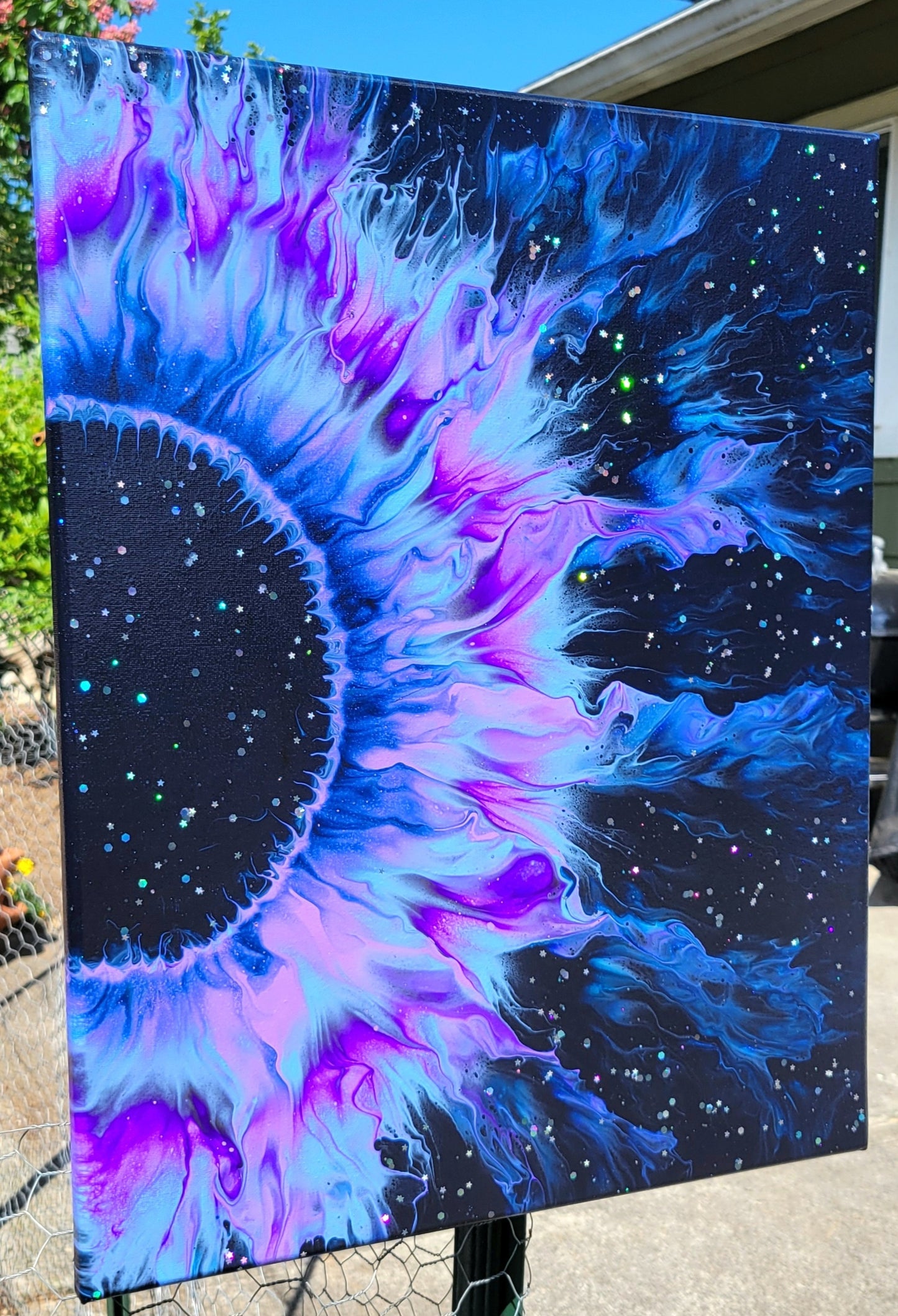 Original Fluid Art "Sweet Dreams" Abstract Galaxy Sunflower Painting