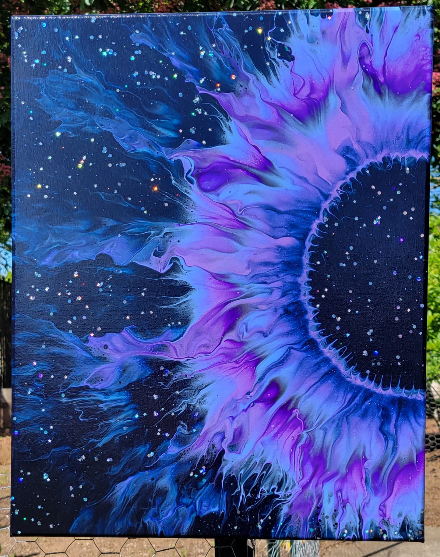 Original Fluid Art "Sweet Dreams" Abstract Galaxy Sunflower Painting