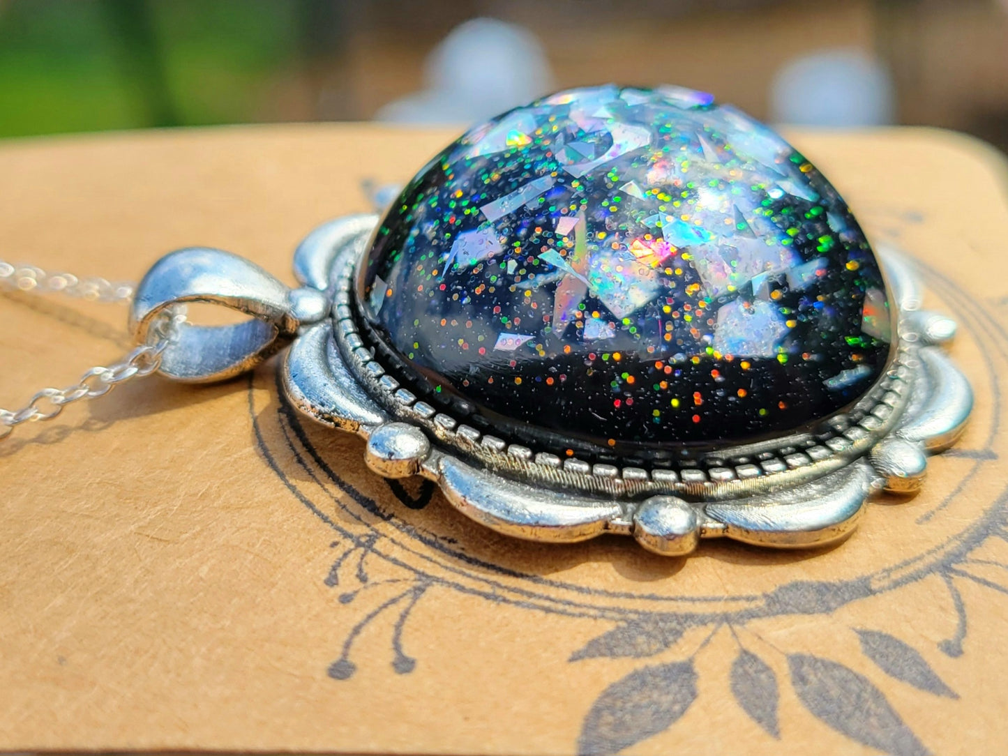 Handmade Resin Art Pendant with 20 inch silver plated necklace chain.