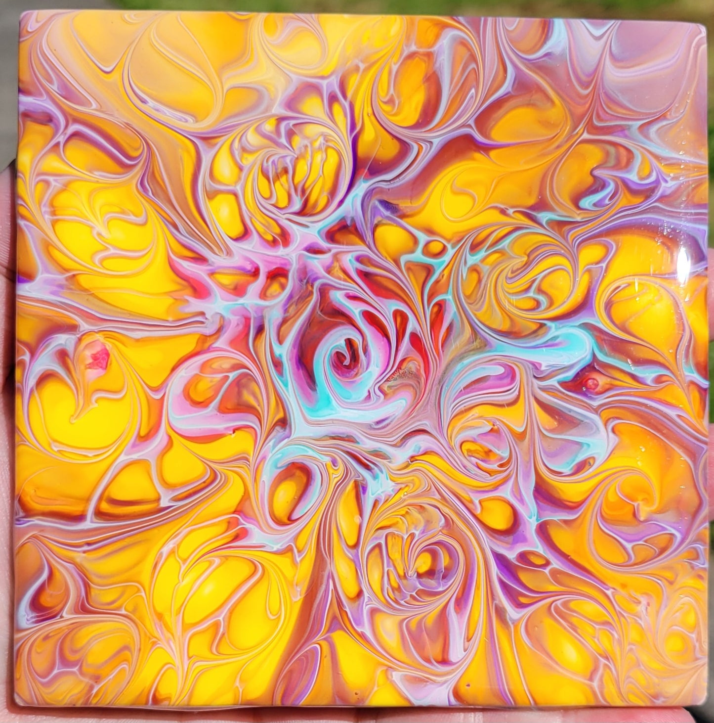Fluid Art Bloom on a 4.25 inch Tile/Coaster with Cork Bottom