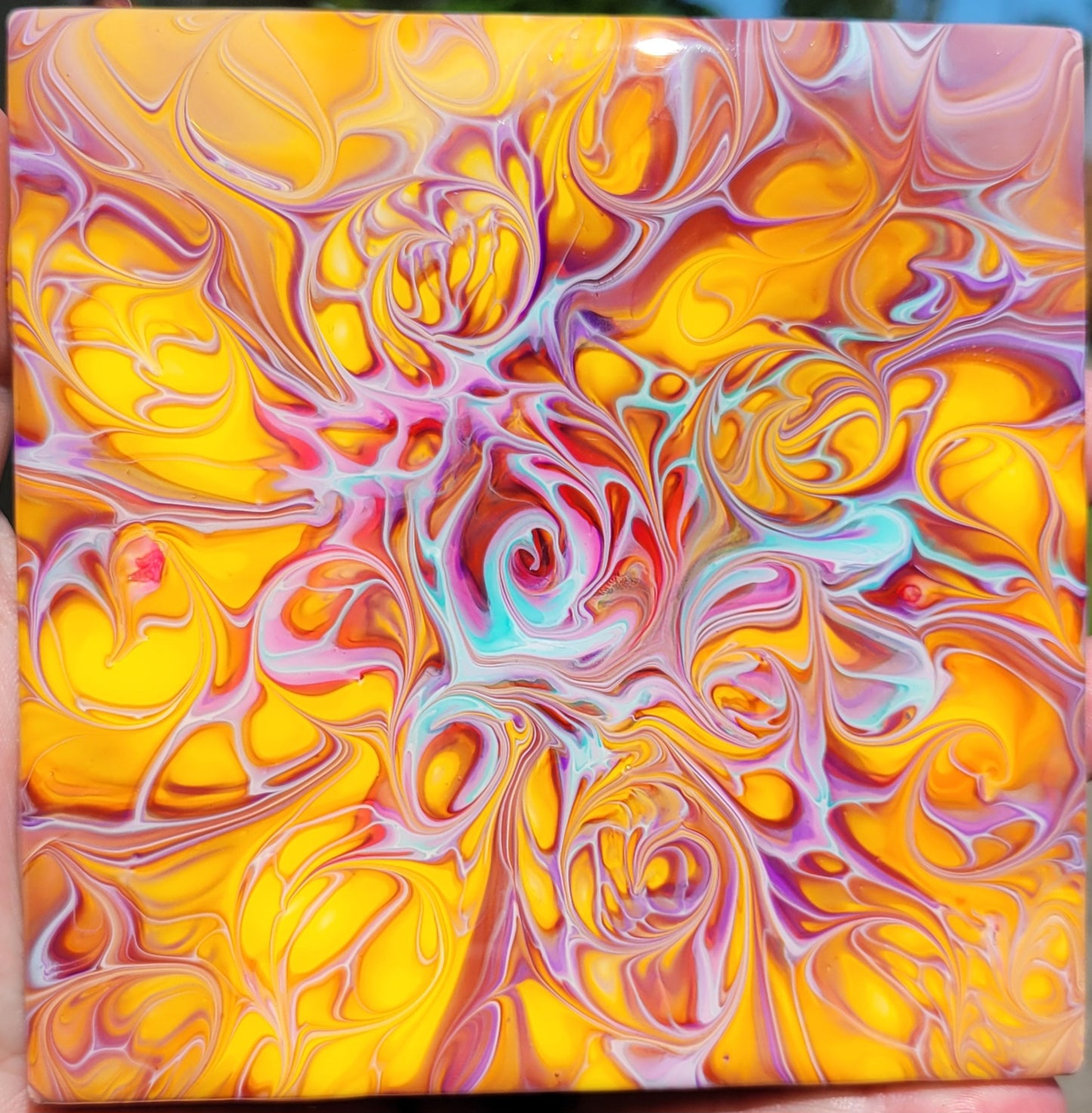 Fluid Art Bloom on a 4.25 inch Tile/Coaster with Cork Bottom