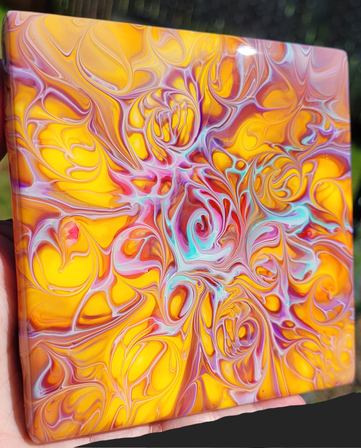 Fluid Art Bloom on a 4.25 inch Tile/Coaster with Cork Bottom