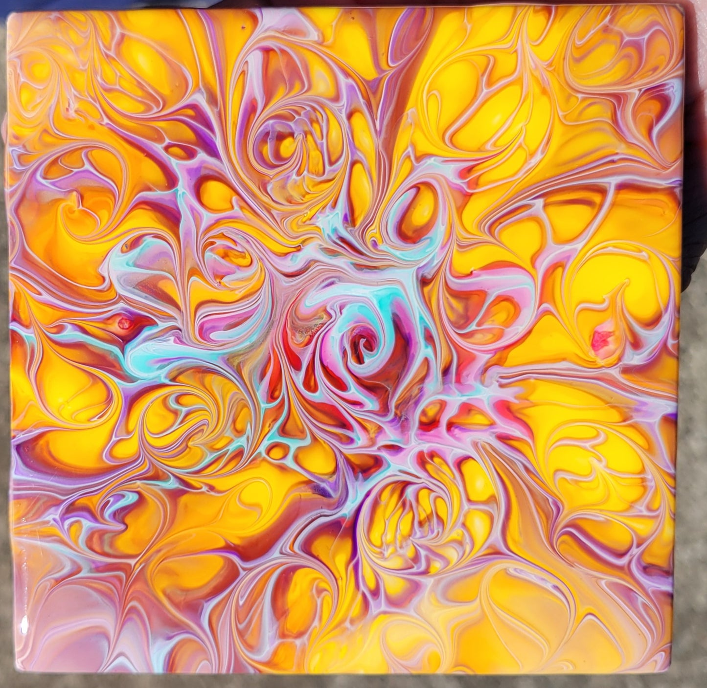 Fluid Art Bloom on a 4.25 inch Tile/Coaster with Cork Bottom