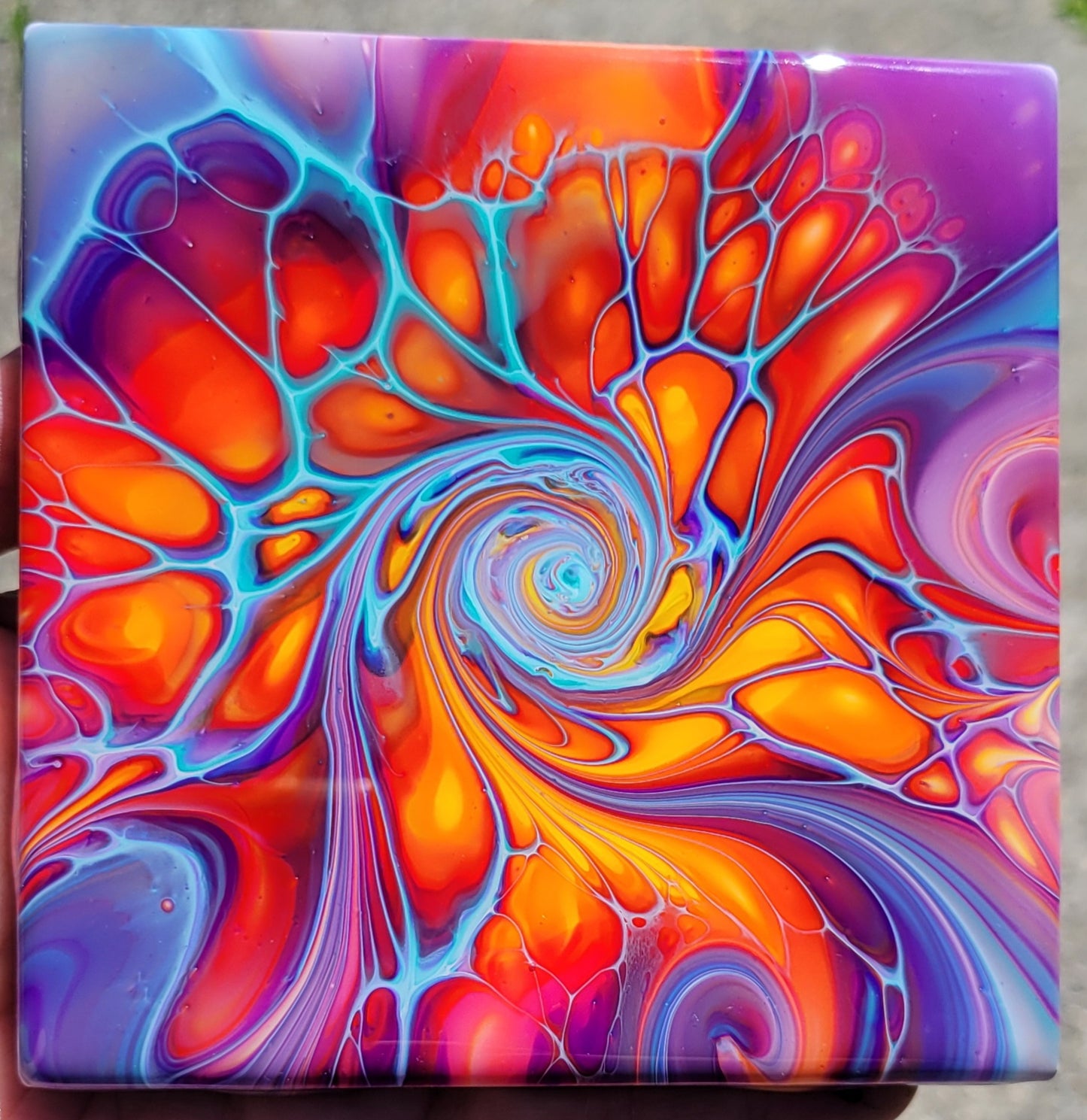 Fluid Art Bloom on a 4.25 inch Tile/Coaster with Cork Bottom