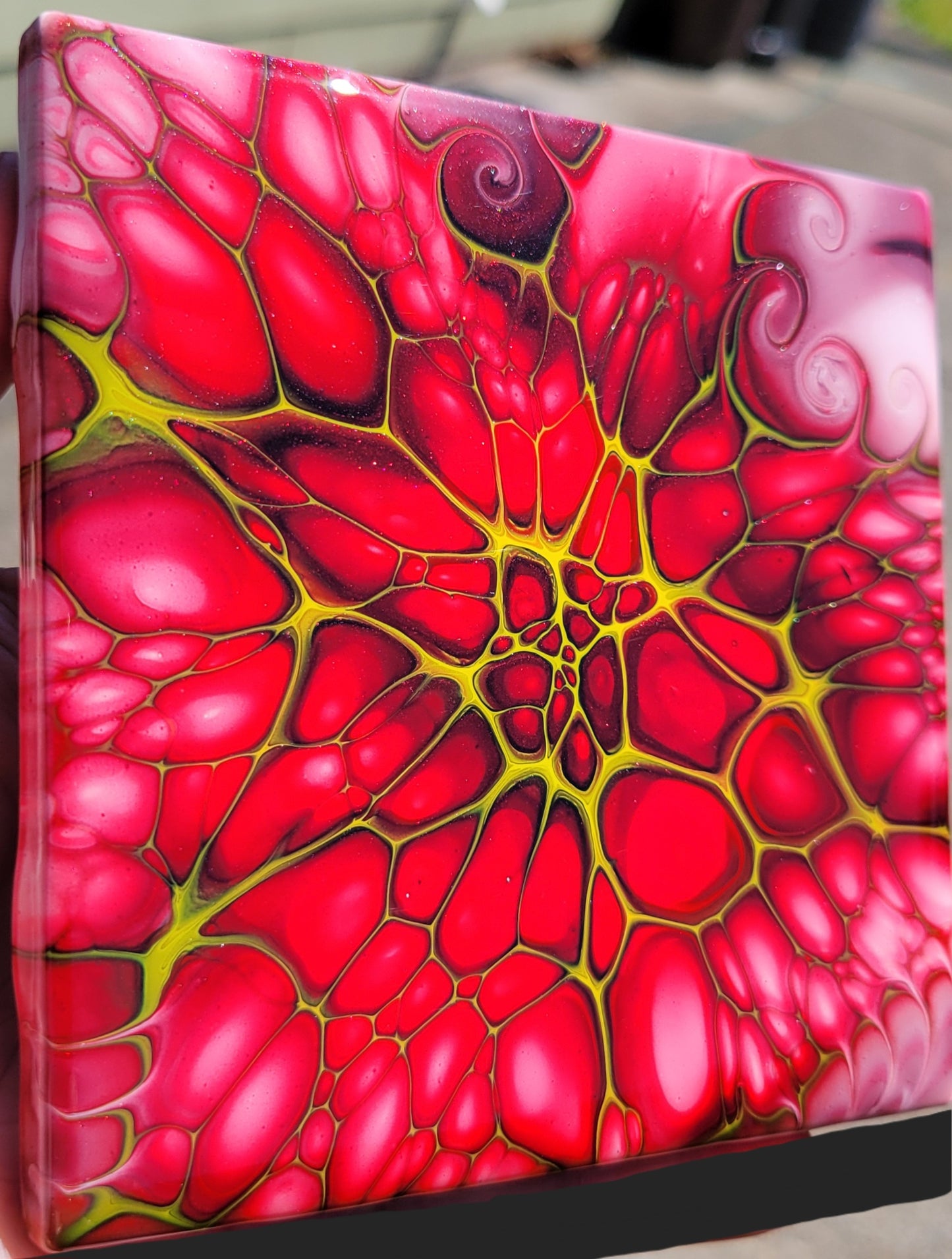 Fluid Art Bloom on a 4.25 inch Tile/Coaster with Cork Bottom