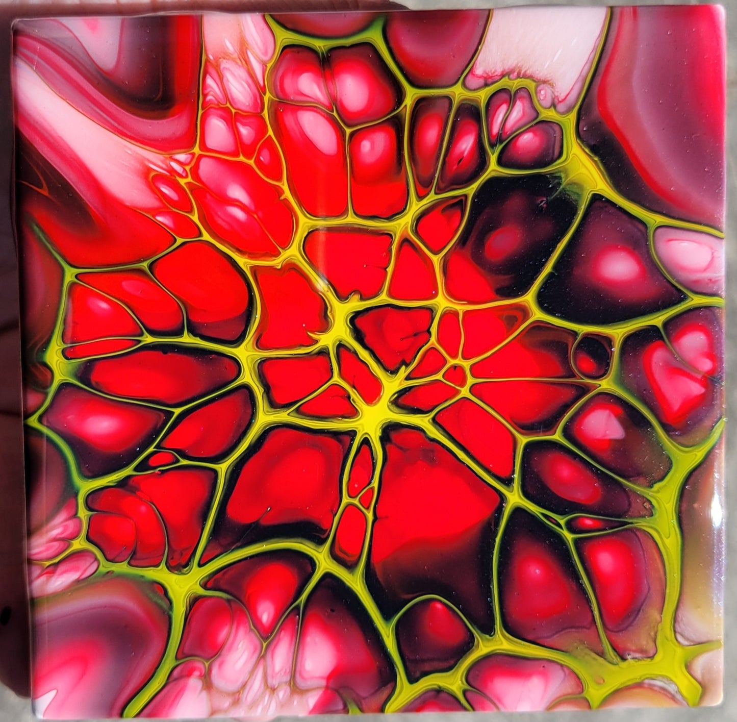 Fluid Art Bloom on a 4.25 inch Tile/Coaster with Cork Bottom