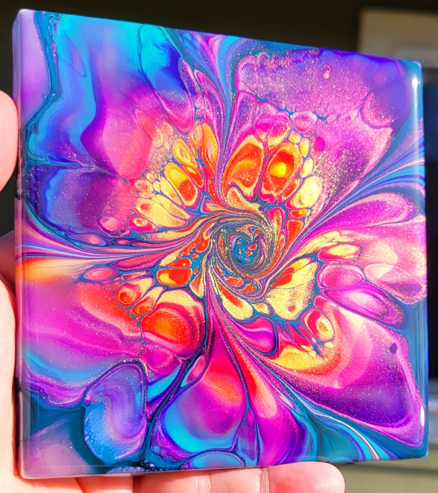 Fluid Art Bloom on 4.25 inch tile/Coaster with Cork Bottom