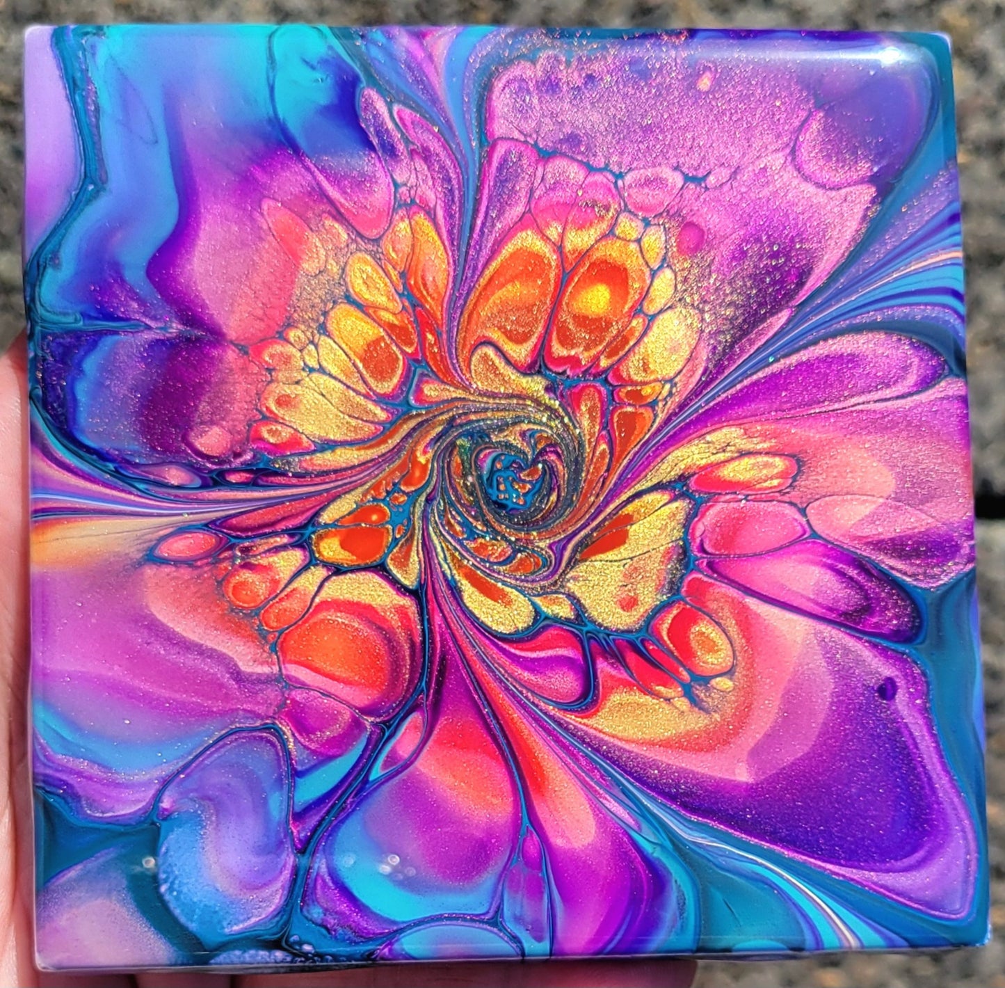 Fluid Art Bloom on 4.25 inch tile/Coaster with Cork Bottom