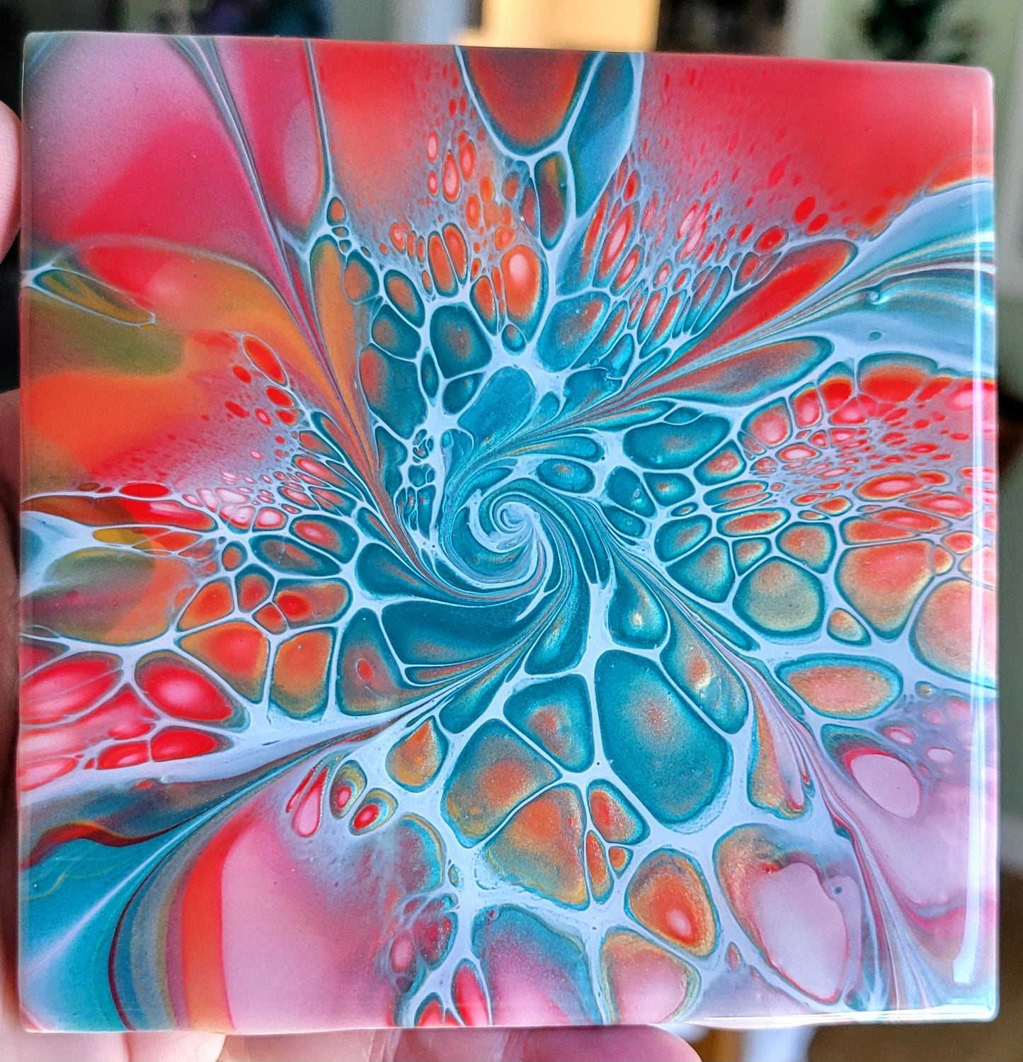 Fluid Art Bloom on a 4.25 inch Tile/Coaster with Cork Bottom