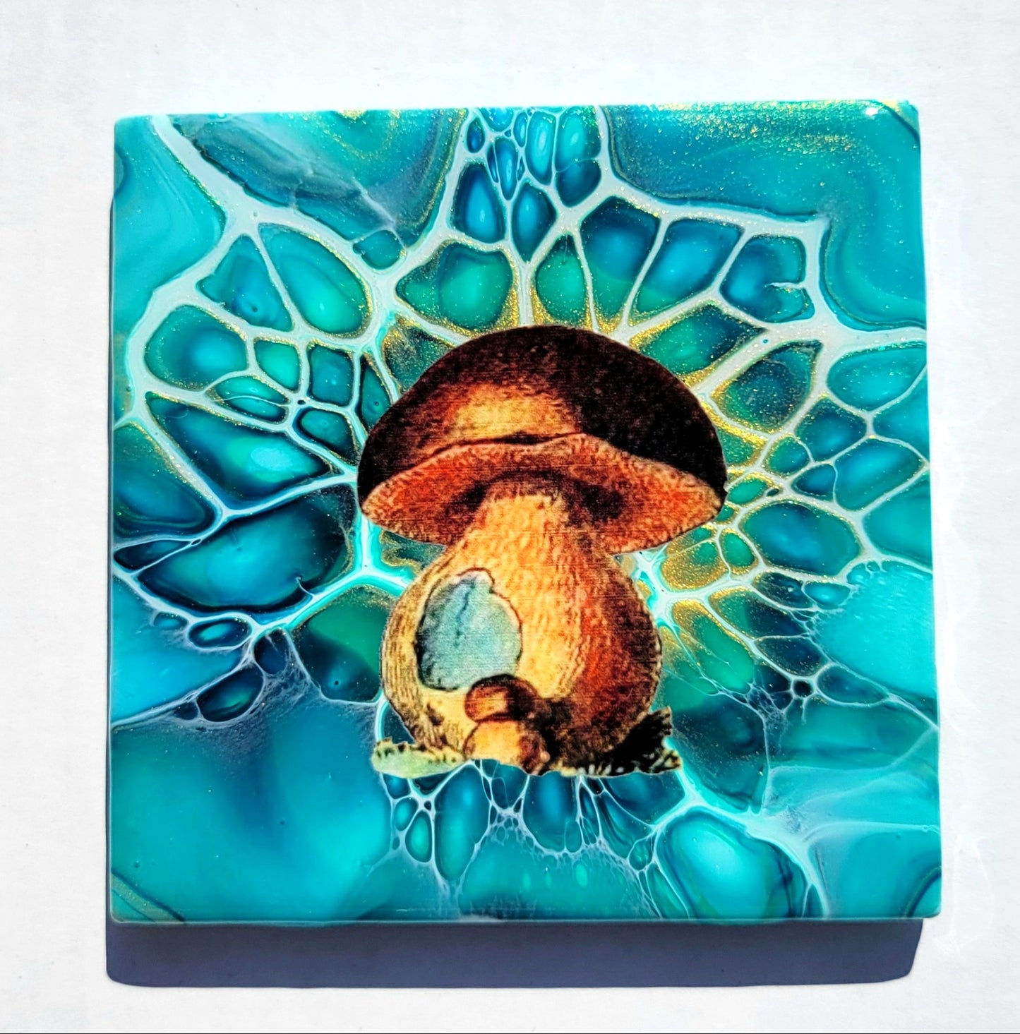 Fluid Art Bloom on a 4.25 inch Tile/Coaster with Cork Bottom