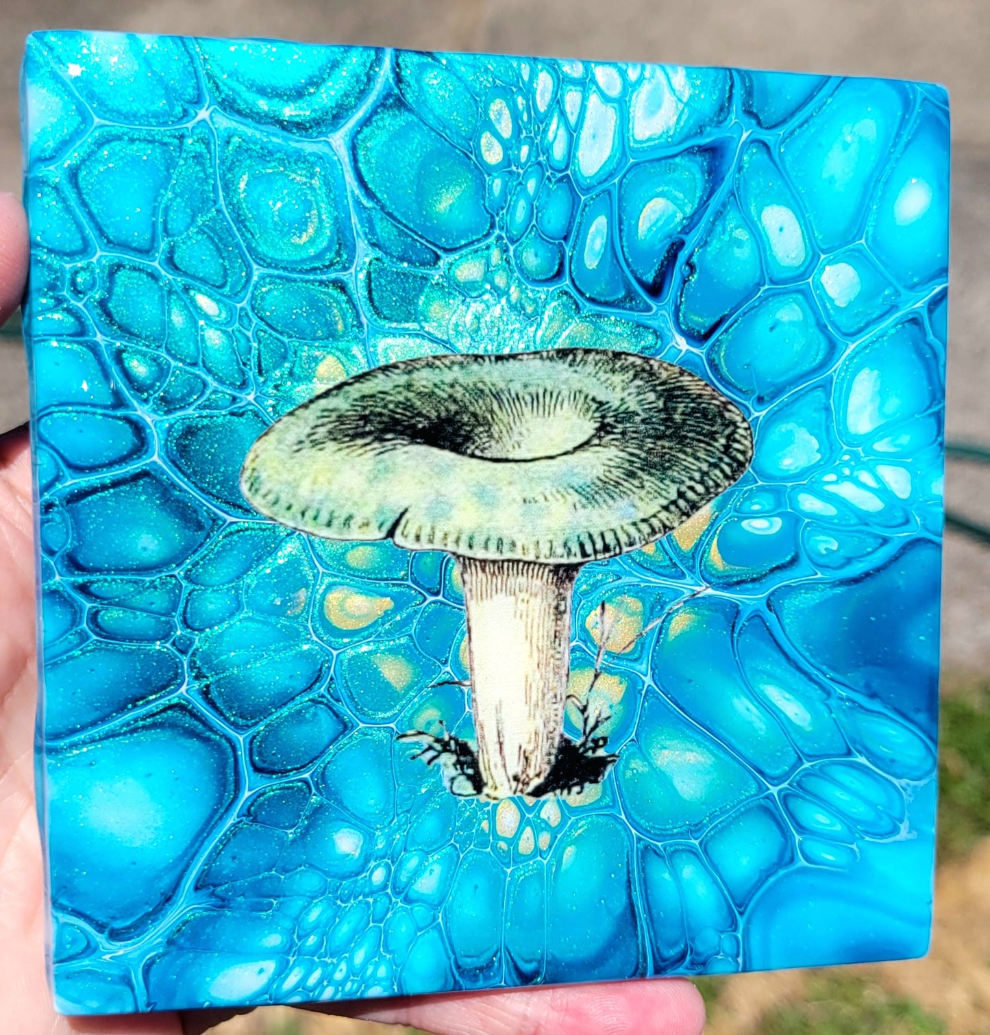 Fluid Art Bloom on a 4.25 inch Tile/Coaster with Cork Bottom