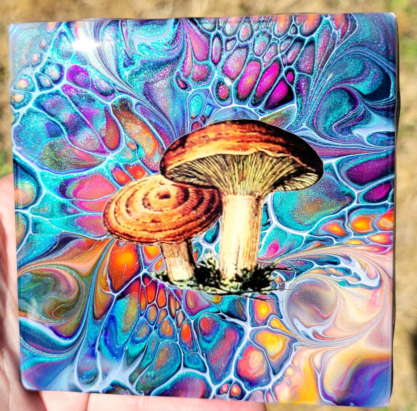 Fluid Art Bloom on a 4.25 inch Tile/Coaster with Cork Bottom