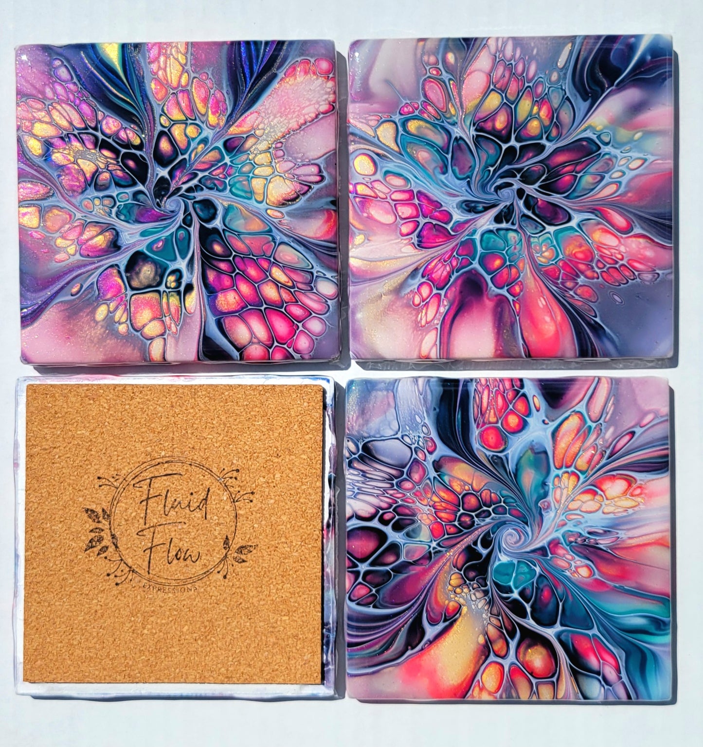 Handmade Fluid Art Tile Coasters Set of 4