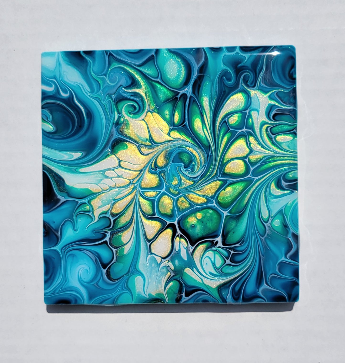 Fluid Art Bloom on a 4.25 inch Tile/Coaster with Cork Bottom