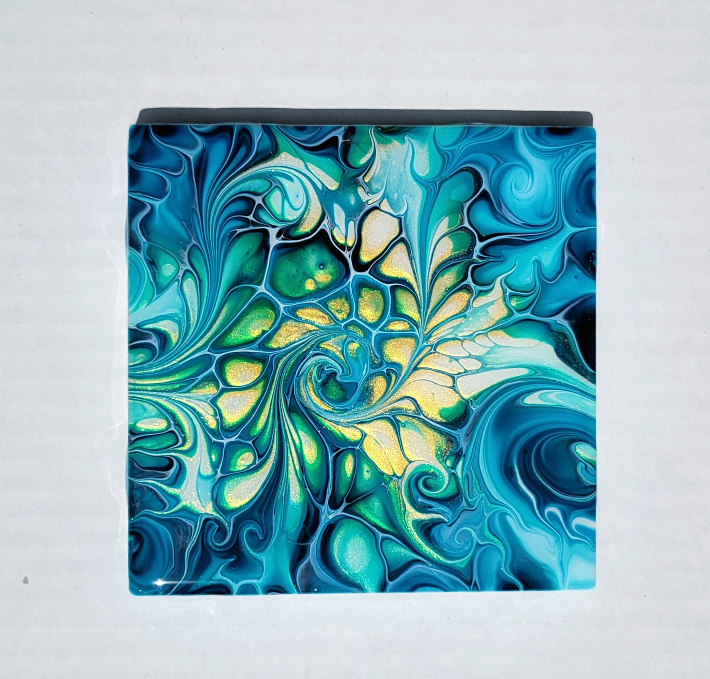 Fluid Art Bloom on a 4.25 inch Tile/Coaster with Cork Bottom