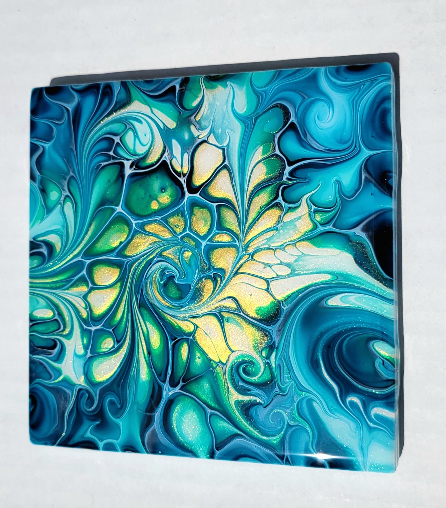 Fluid Art Bloom on a 4.25 inch Tile/Coaster with Cork Bottom