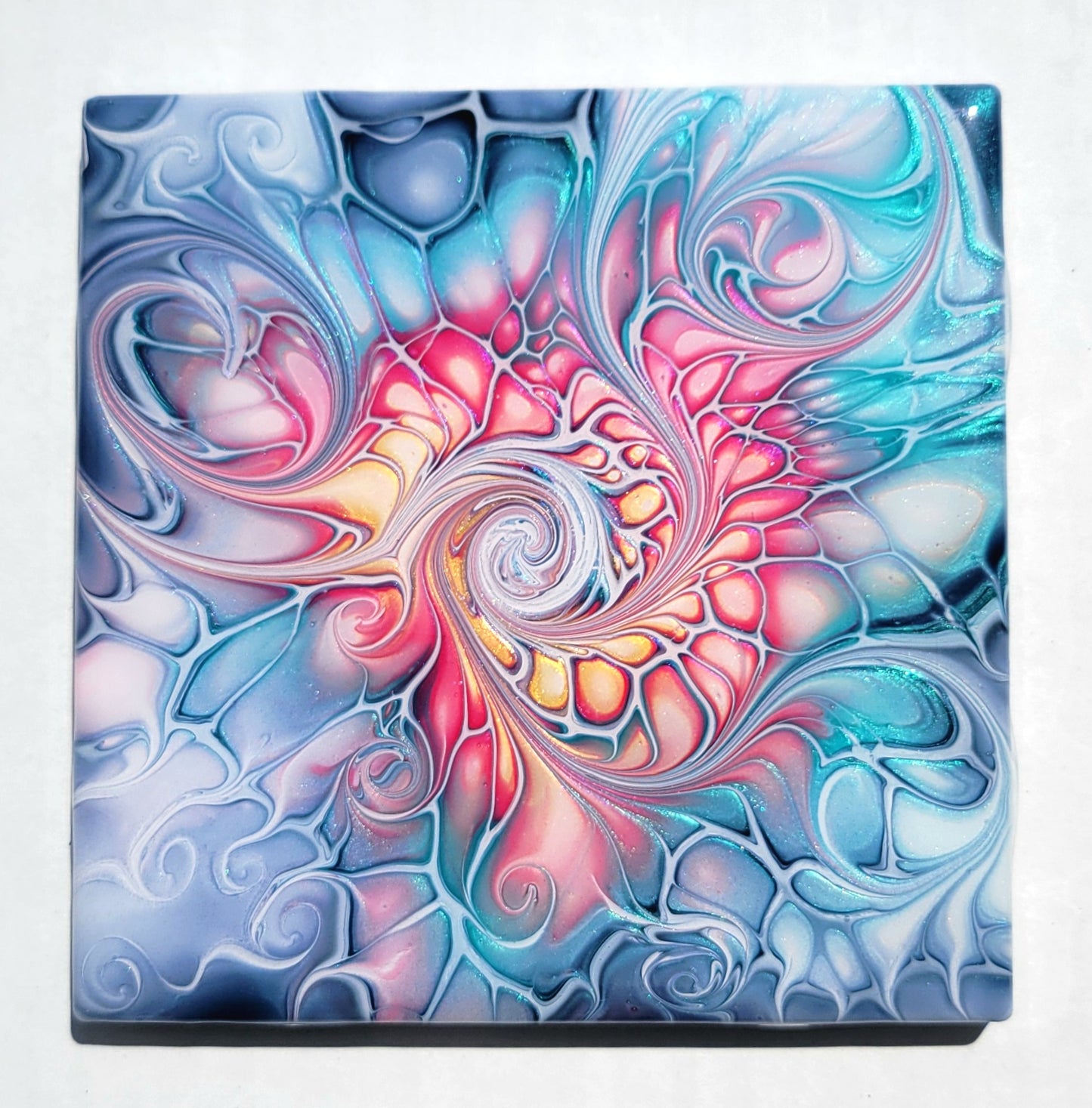 Fluid Art Bloom on a 4.25 inch Tile/Coaster with Cork Bottom