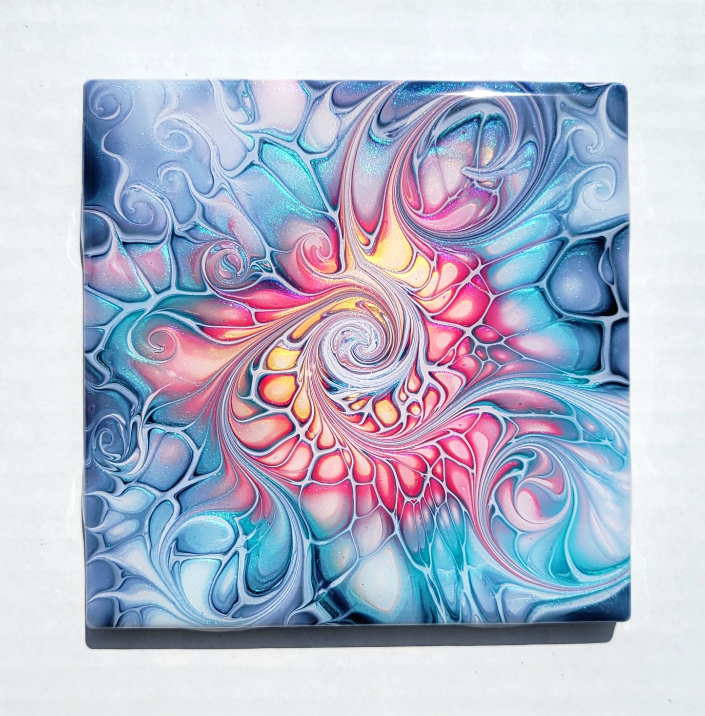 Fluid Art Bloom on a 4.25 inch Tile/Coaster with Cork Bottom