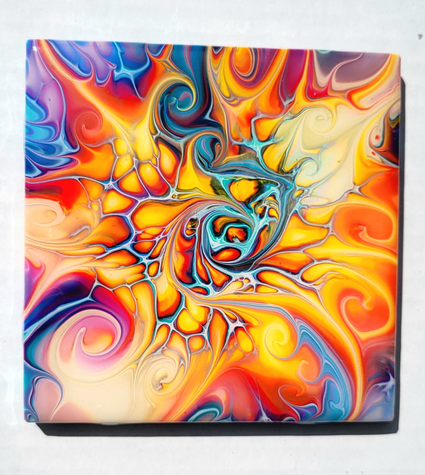 Fluid Art Bloom on a 4.25 inch Tile/Coaster with Cork Bottom