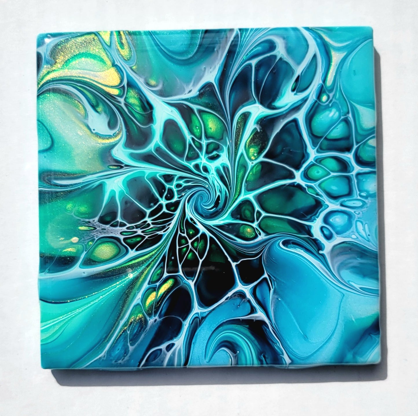 Fluid Art Bloom on a 4.25 inch Tile/Coaster with Cork Bottom