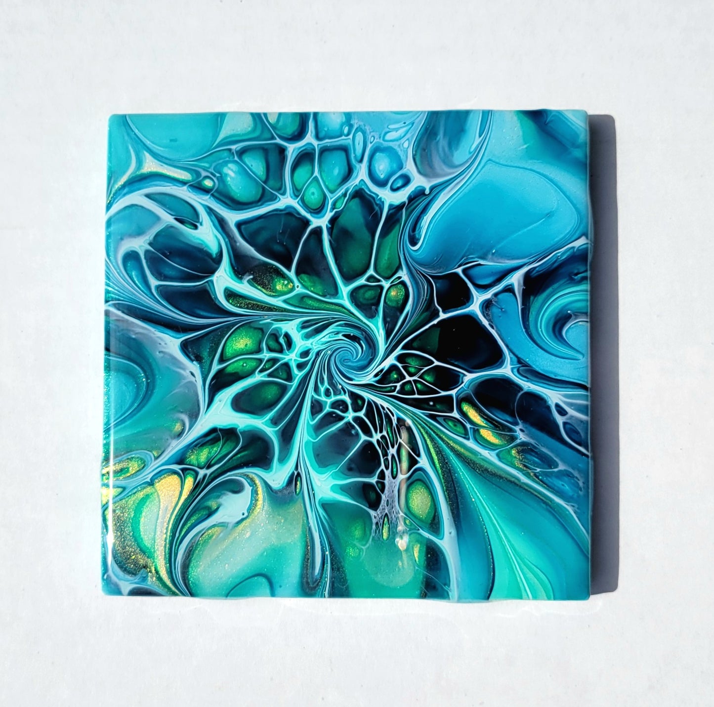 Fluid Art Bloom on a 4.25 inch Tile/Coaster with Cork Bottom
