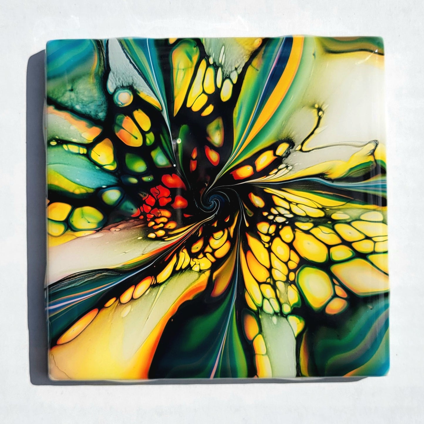Fluid Art Bloom on a 4.25 inch Tile/Coaster with Cork Bottom