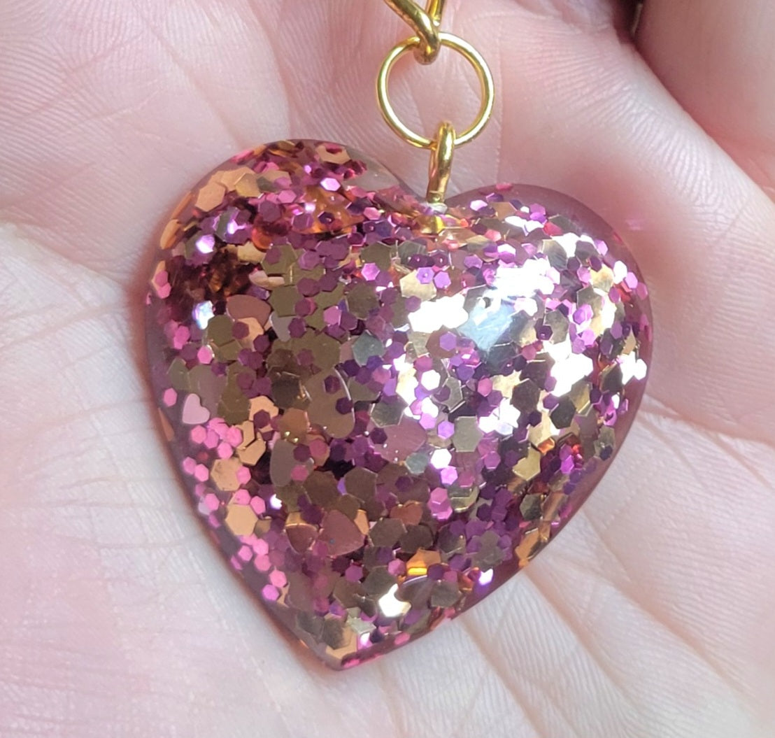 Handmade Sparkling Pink Heart Pendant on Gold Keychain