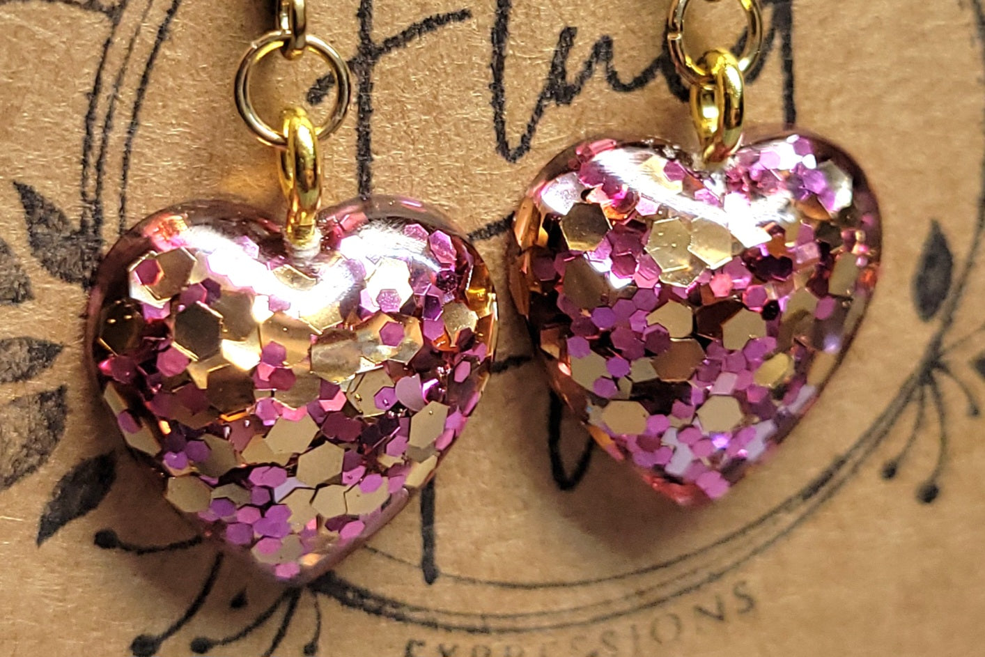 Handmade Sparkling Pink Heart Earrings on Gold Hooks