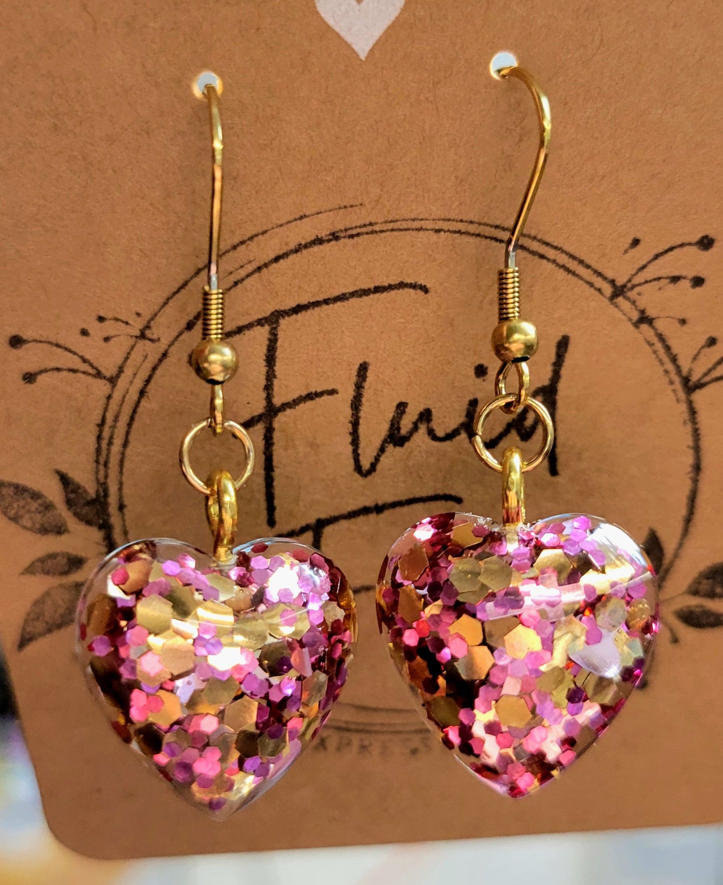 Handmade Sparkling Pink Heart Earrings on Gold Hooks