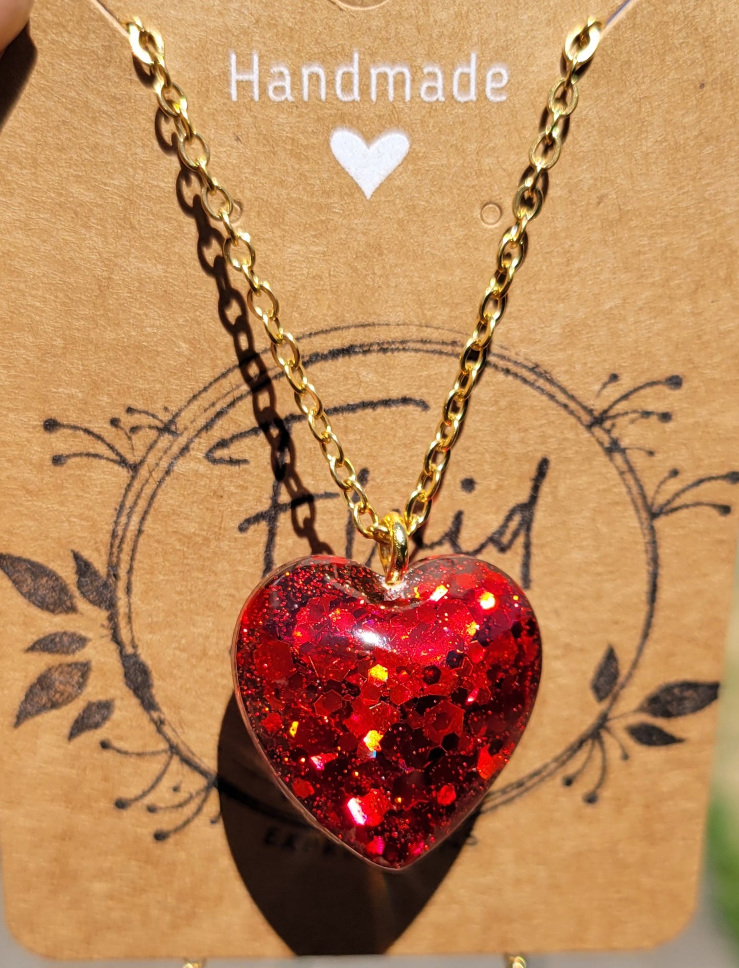 Handmade Sparkling Red Heart Pendant with Gold 20 Inch Necklace Chain