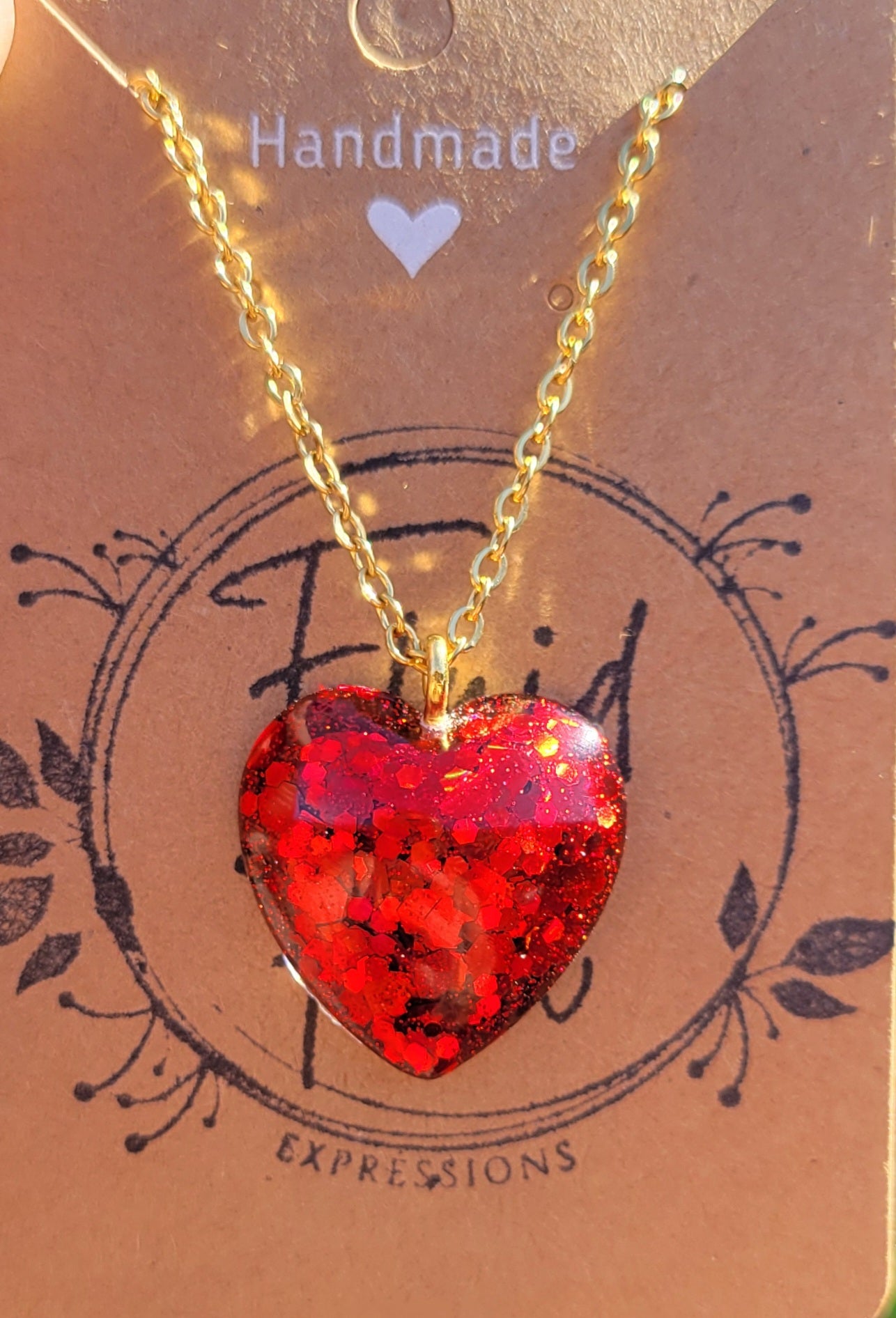 Handmade Sparkling Red Heart Pendant with Gold 20 Inch Necklace Chain