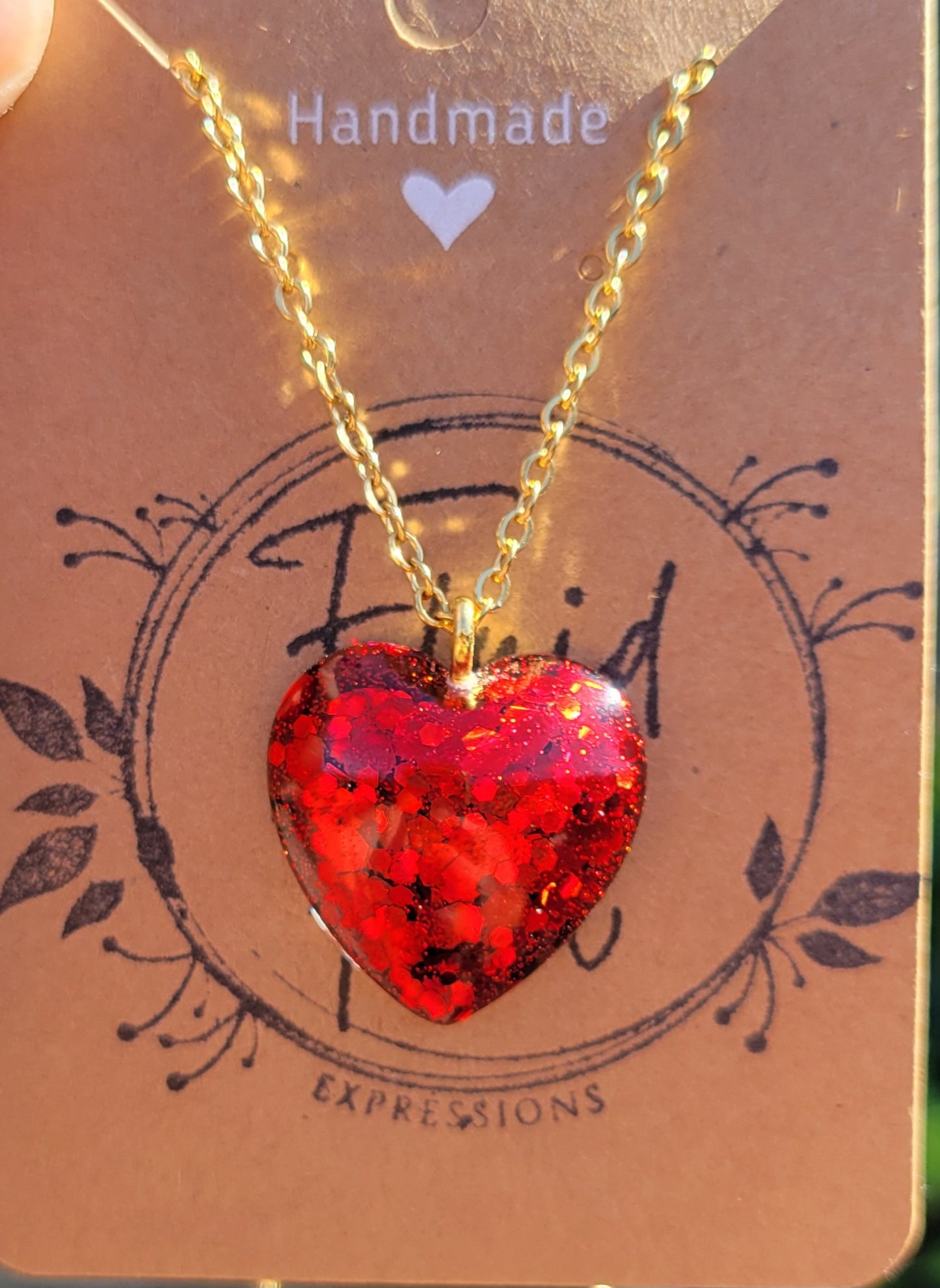 Handmade Sparkling Red Heart Pendant with Gold 20 Inch Necklace Chain