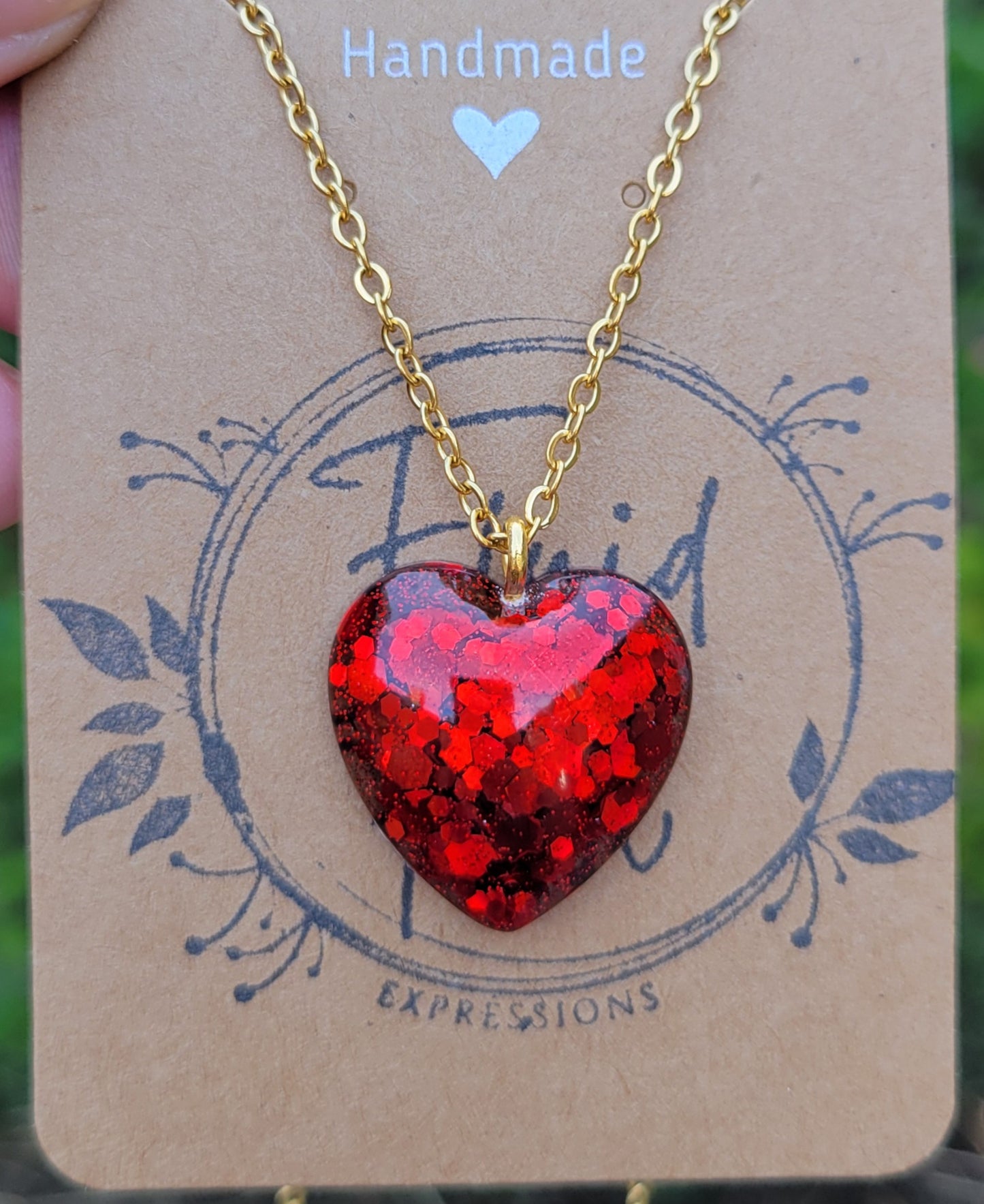 Handmade Sparkling Red Heart Pendant with Gold 20 Inch Necklace Chain