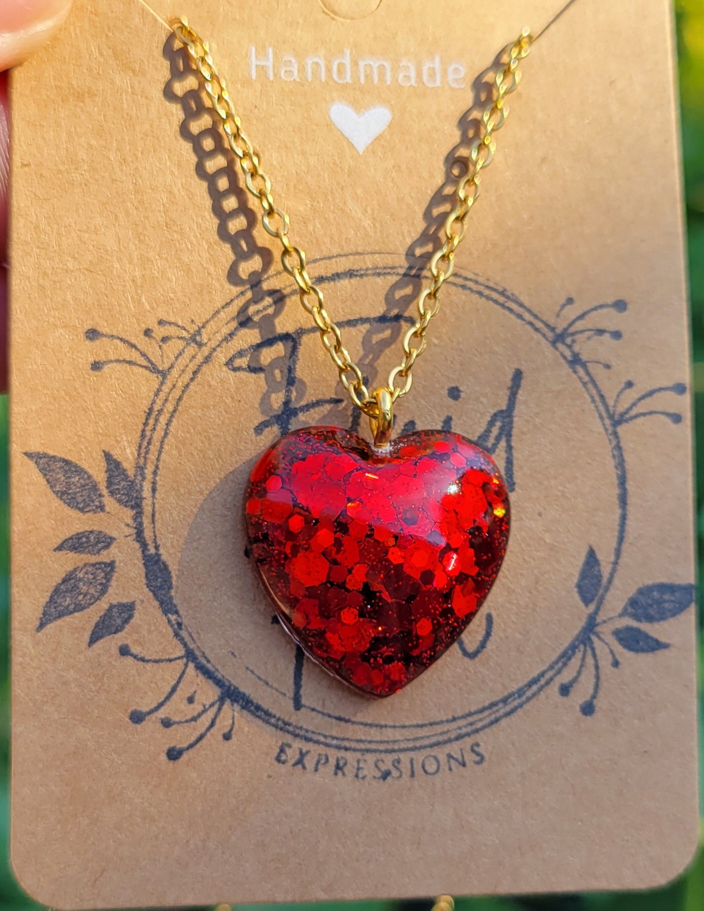 Handmade Sparkling Red Heart Pendant with Gold 20 Inch Necklace Chain