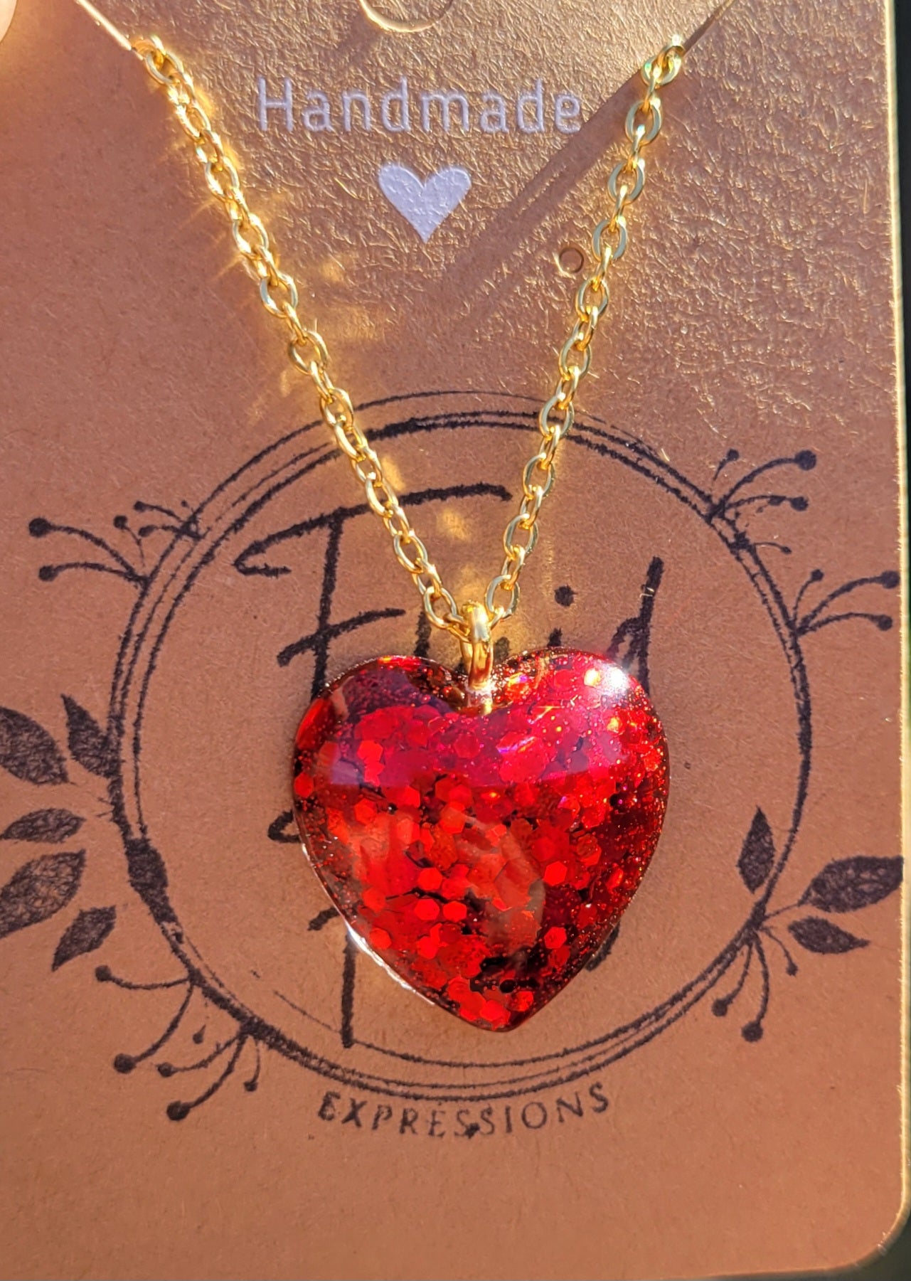 Handmade Sparkling Red Heart Pendant with Gold 20 Inch Necklace Chain