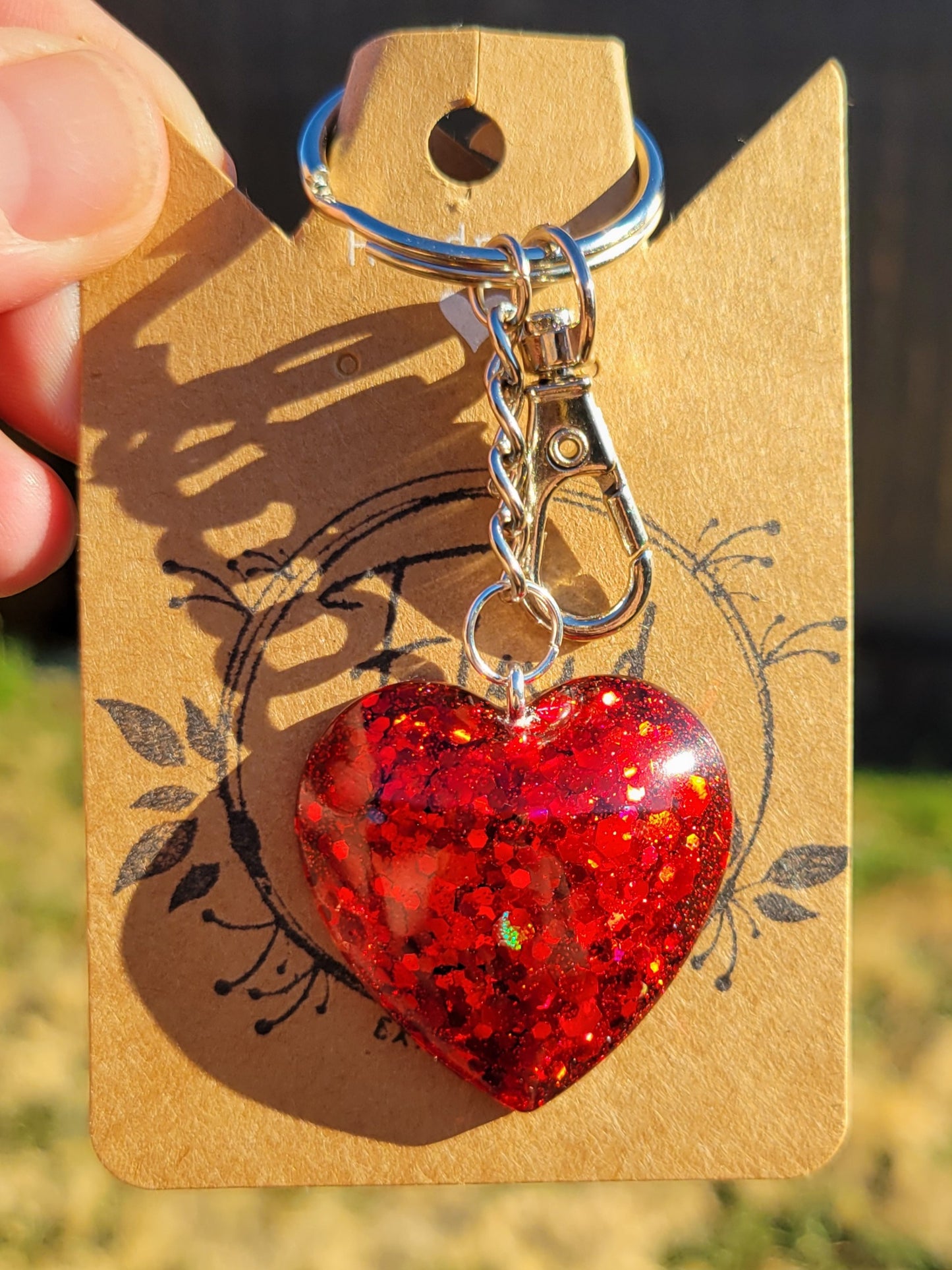 Handmade Sparkling Red Heart Pendant on Silver Keychain