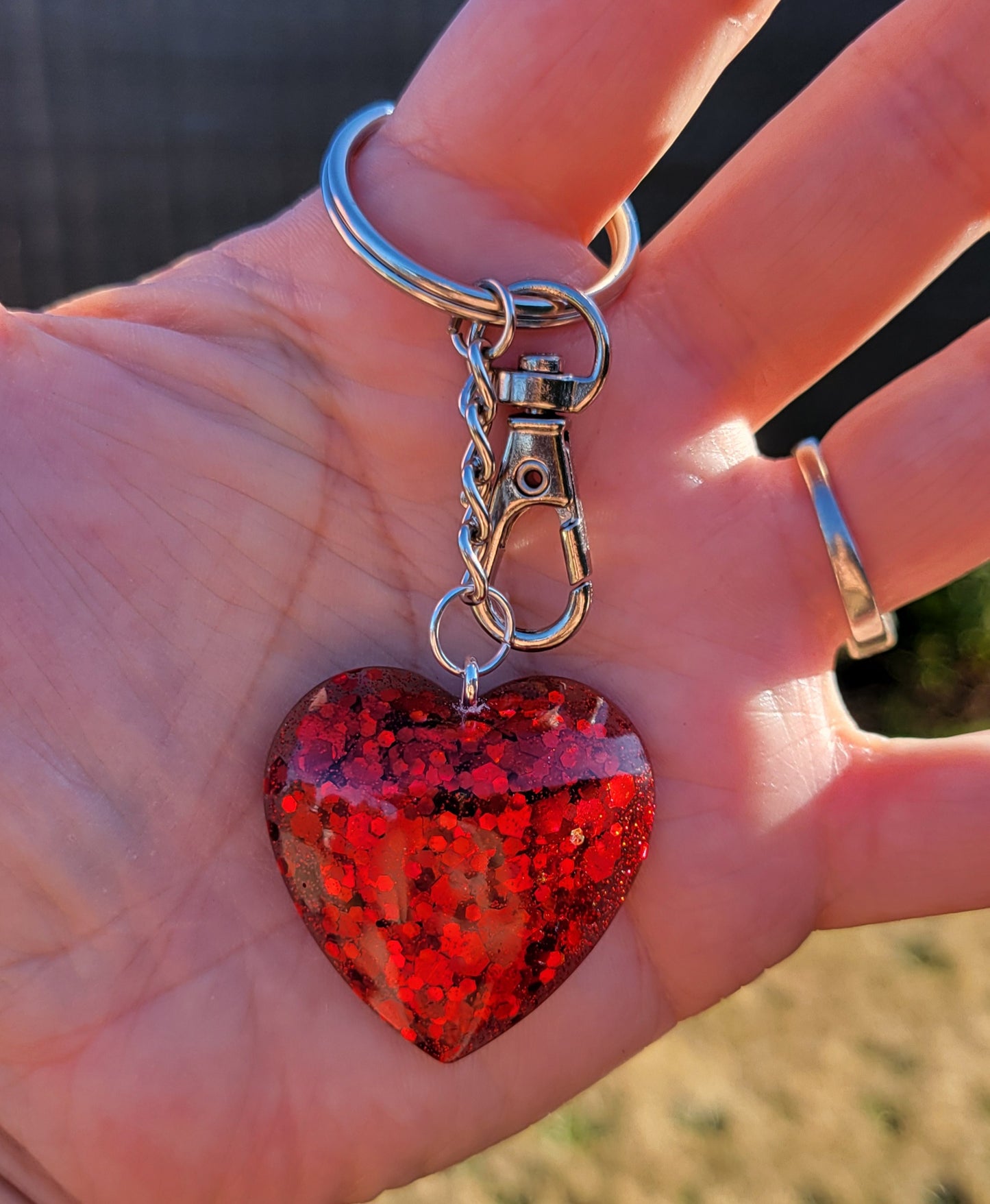 Handmade Sparkling Red Heart Pendant on Silver Keychain