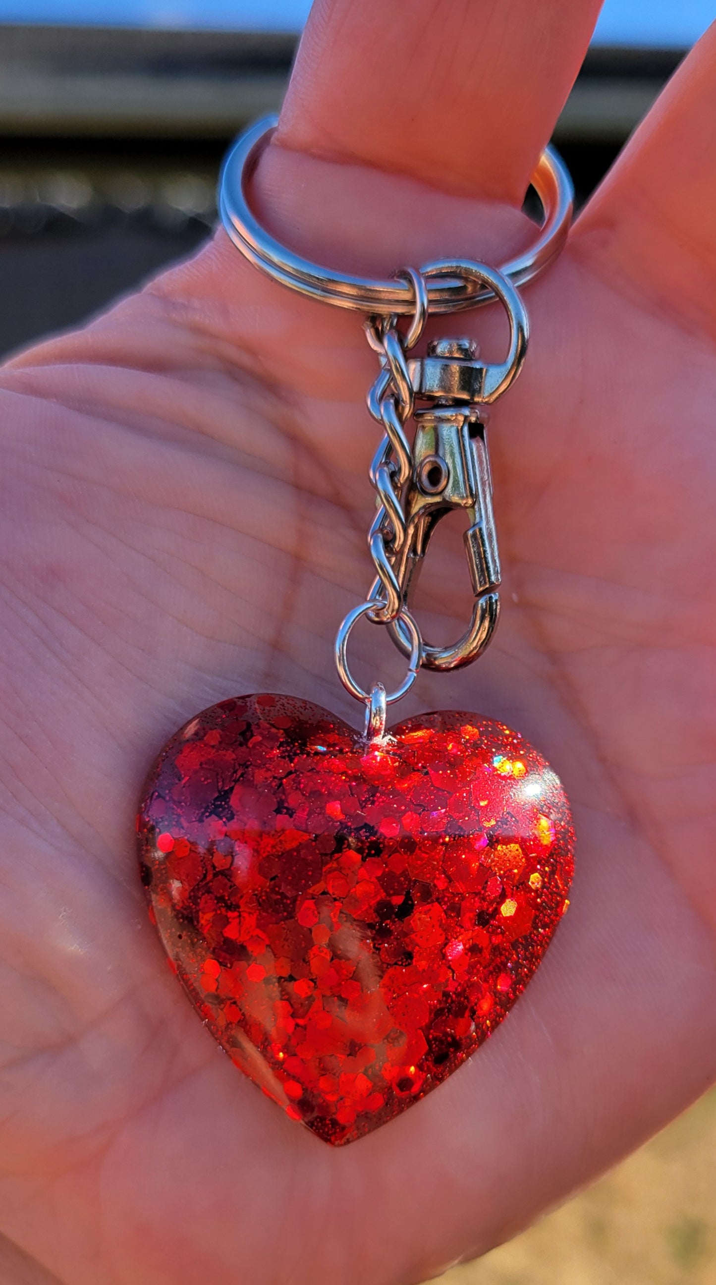 Handmade Sparkling Red Heart Pendant on Silver Keychain