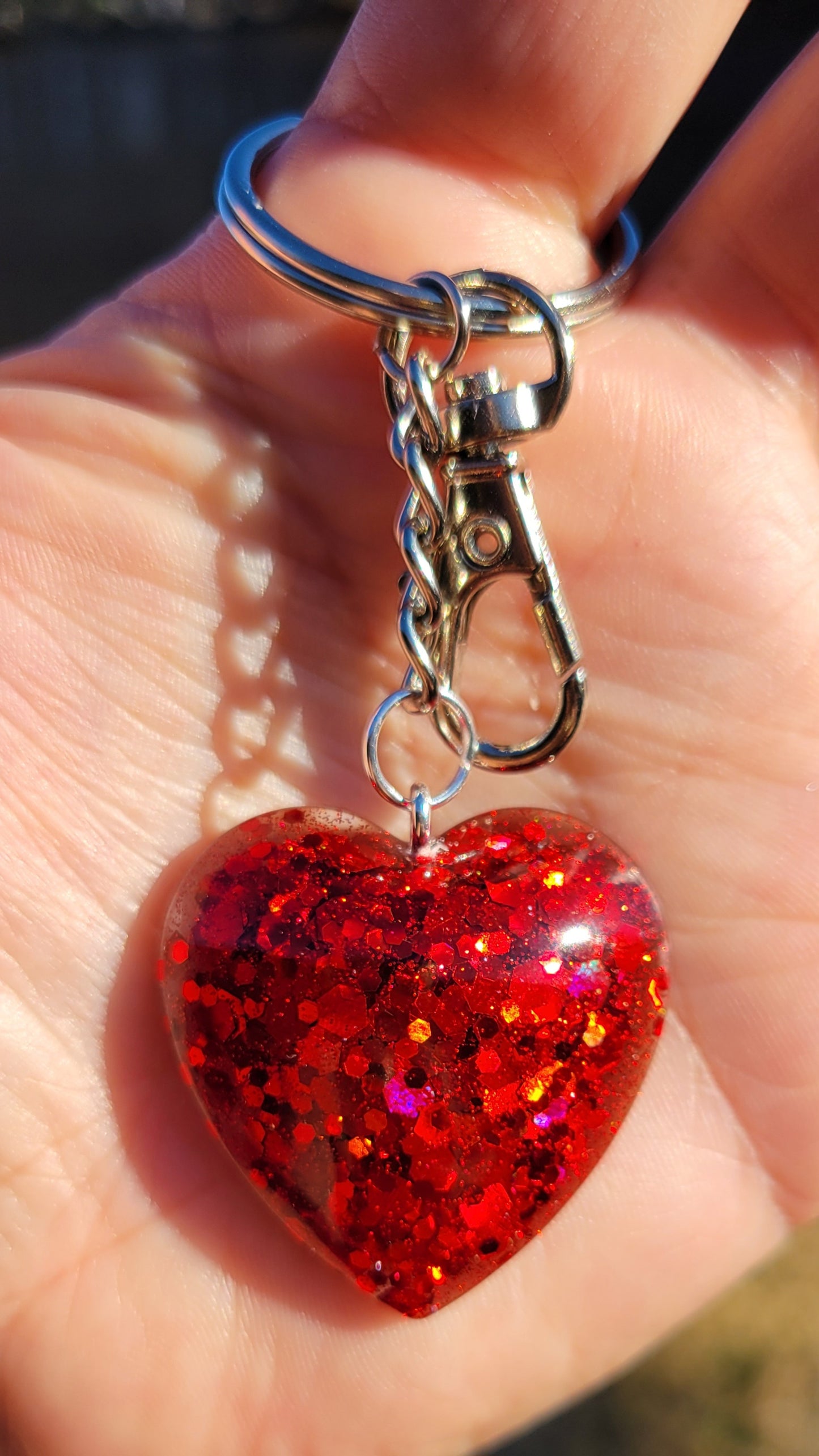 Handmade Sparkling Red Heart Pendant on Silver Keychain