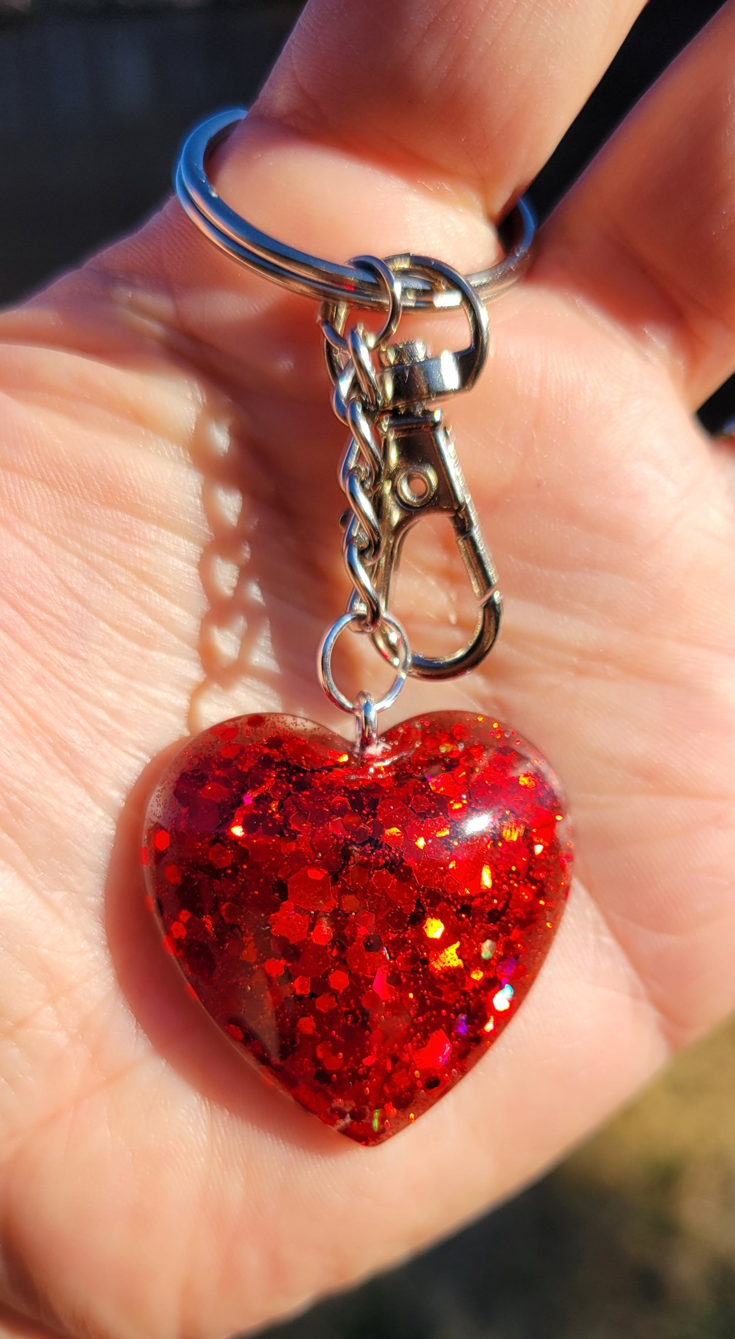 Handmade Sparkling Red Heart Pendant on Silver Keychain