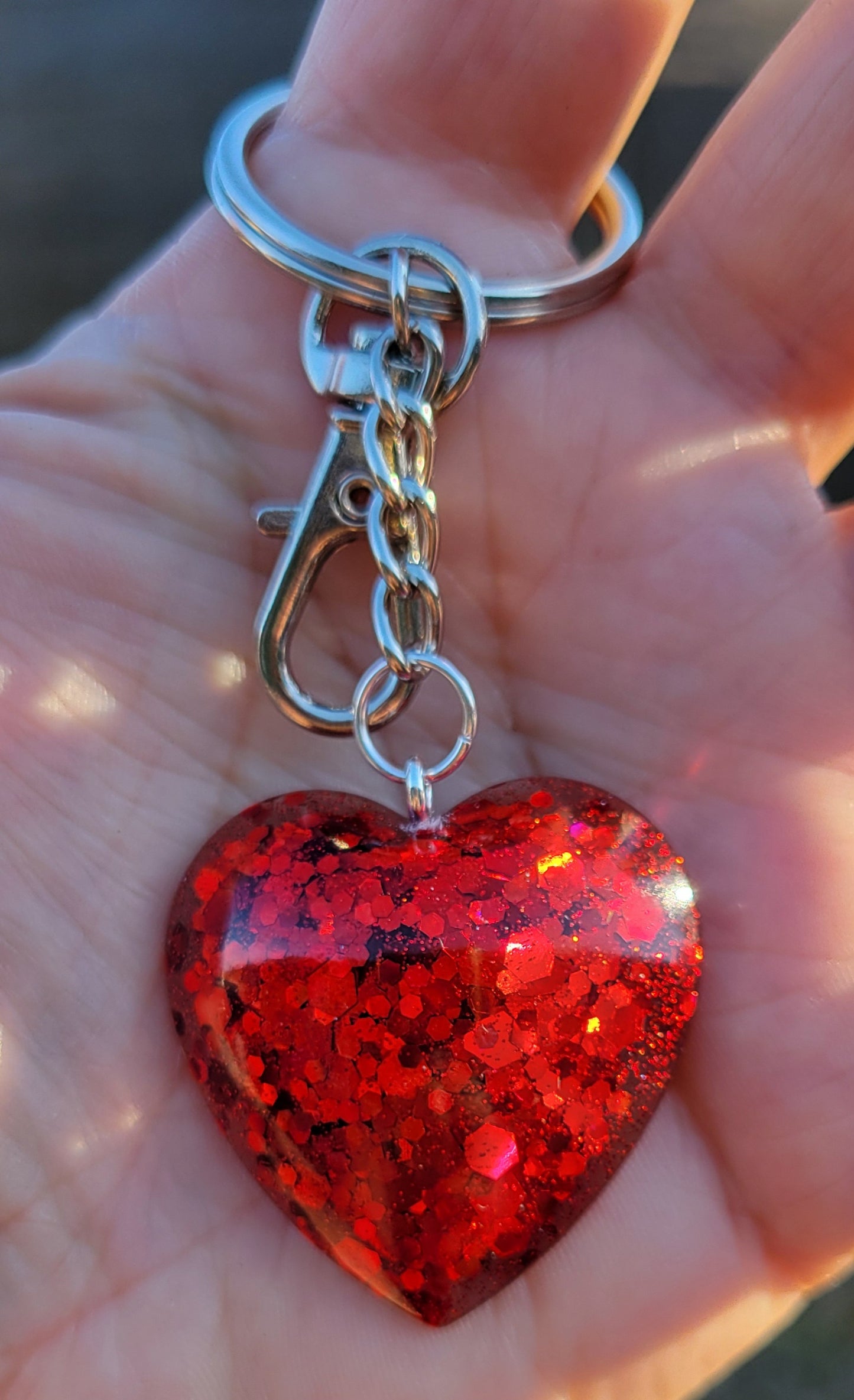 Handmade Sparkling Red Heart Pendant on Silver Keychain