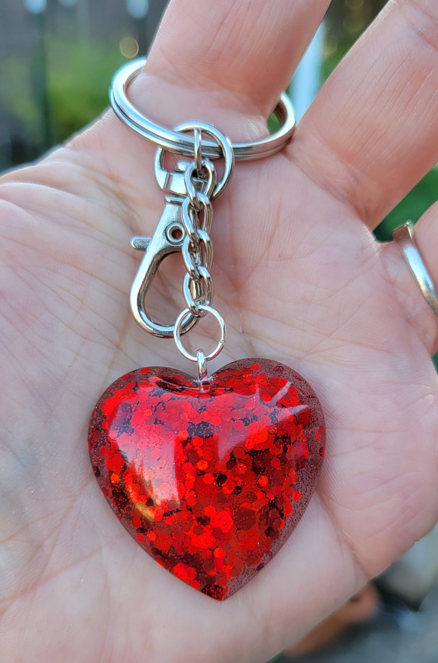 Handmade Sparkling Red Heart Pendant on Silver Keychain