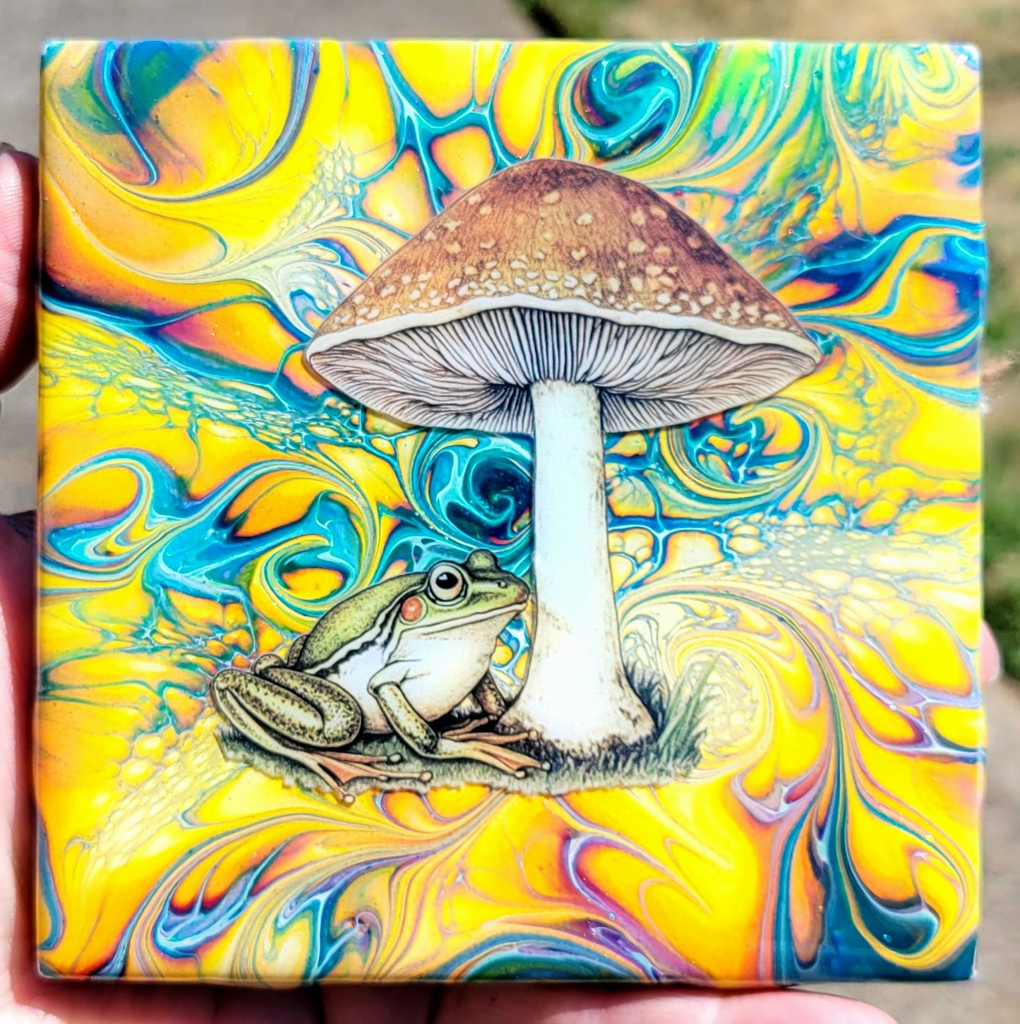 Fluid Art Bloom on a 4.25 inch Tile/Coaster with Cork Bottom
