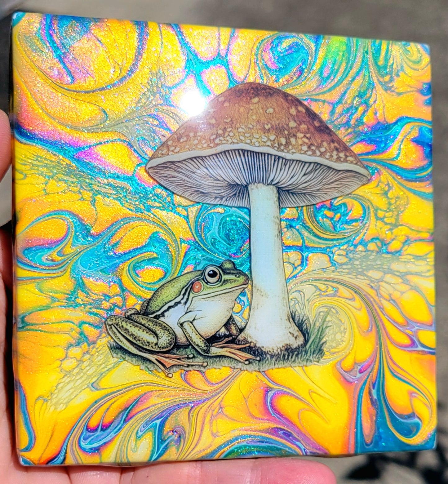 Fluid Art Bloom on a 4.25 inch Tile/Coaster with Cork Bottom