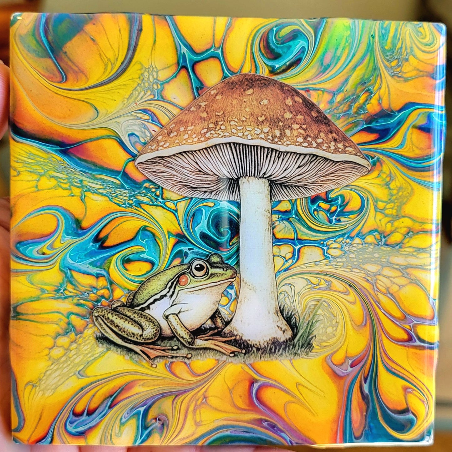 Fluid Art Bloom on a 4.25 inch Tile/Coaster with Cork Bottom