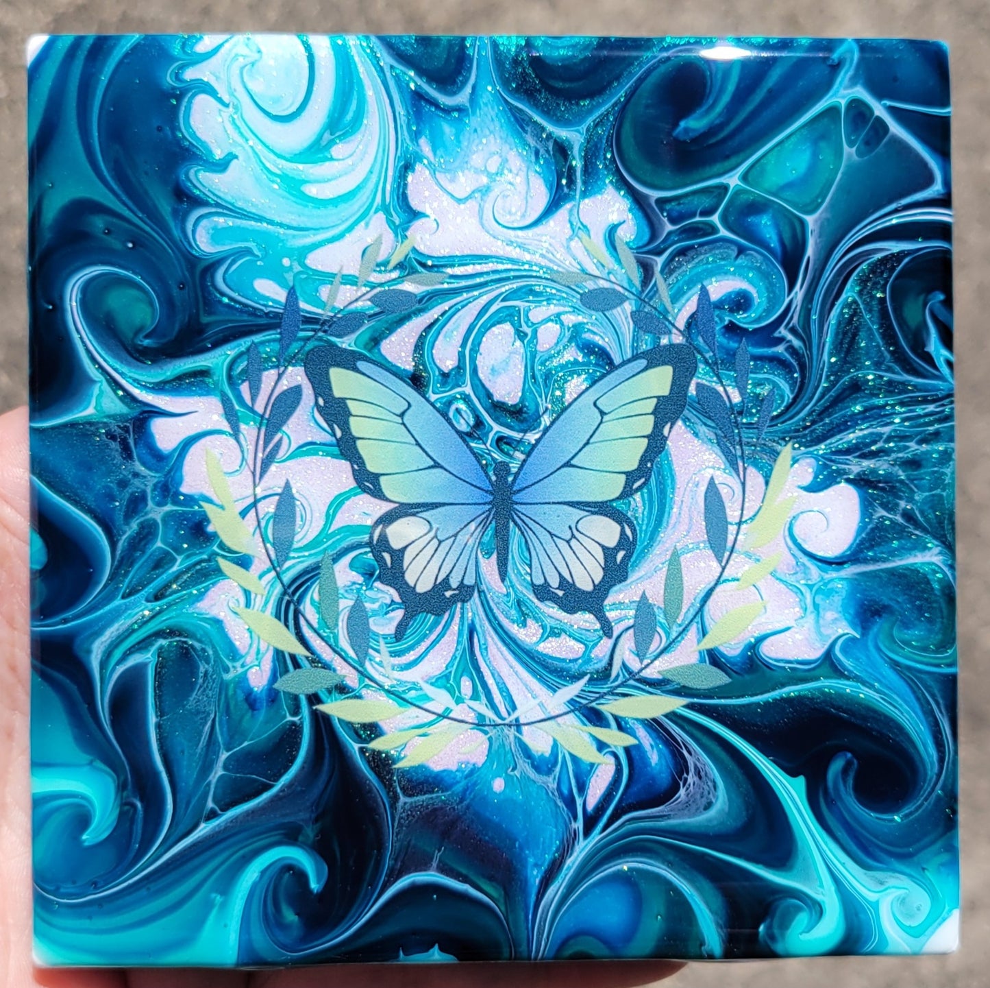 Fluid Art Bloom on a 4.25 inch Tile/Coaster with Cork Bottom