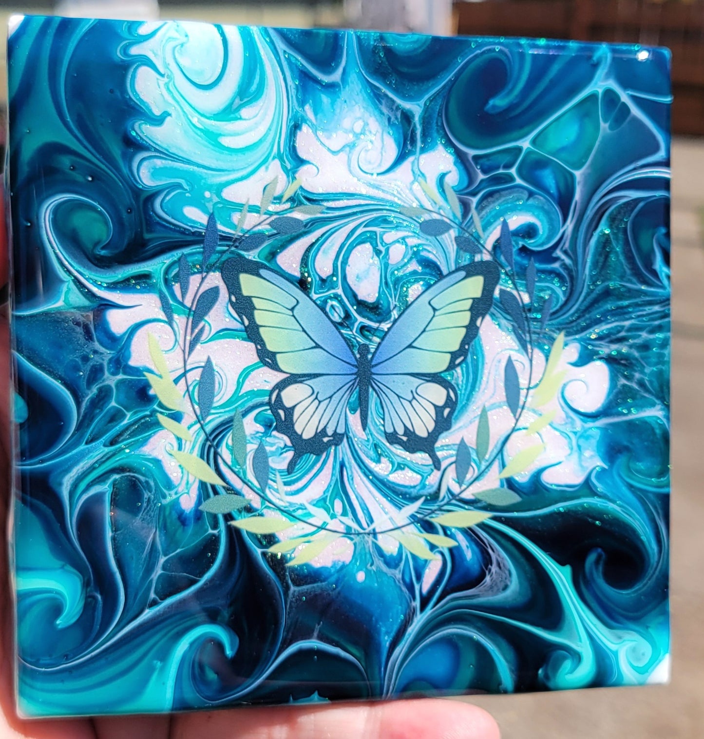 Fluid Art Bloom on a 4.25 inch Tile/Coaster with Cork Bottom
