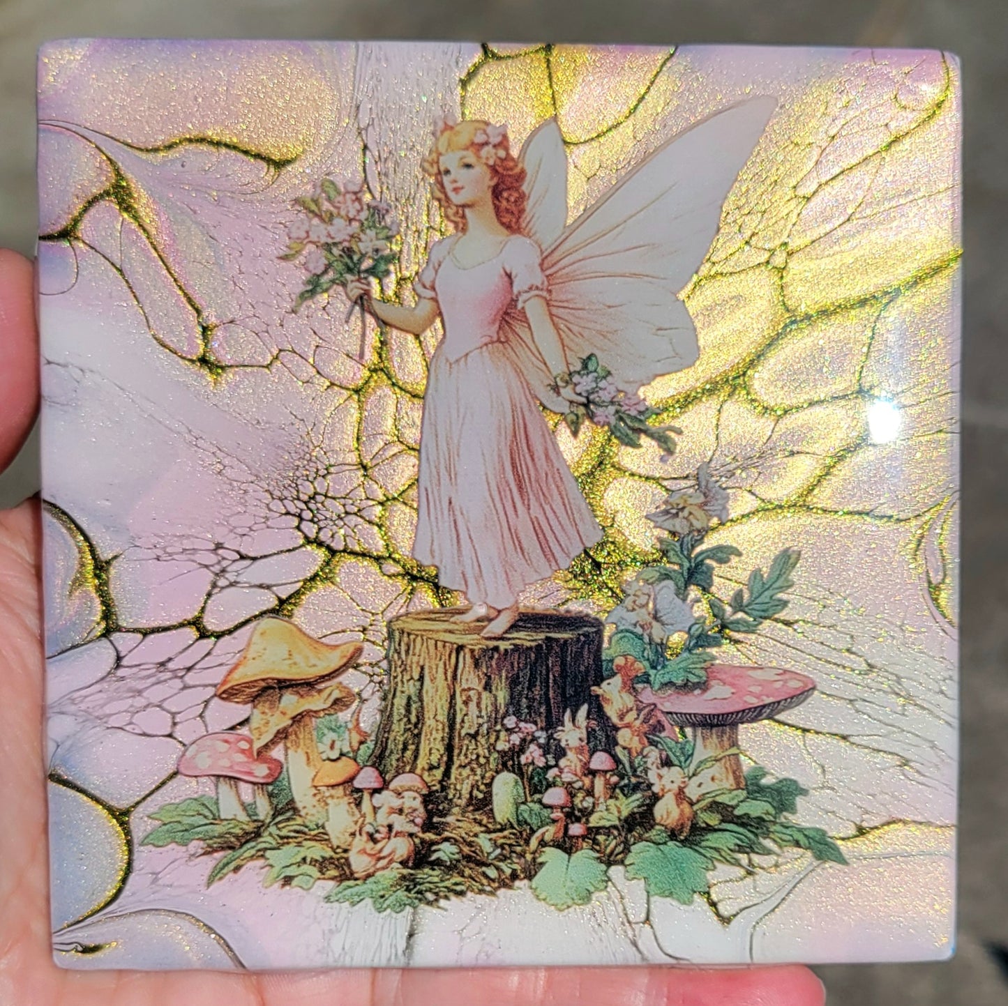 Fluid Art Bloom on a 4.25 inch Tile/Coaster with Cork Bottom